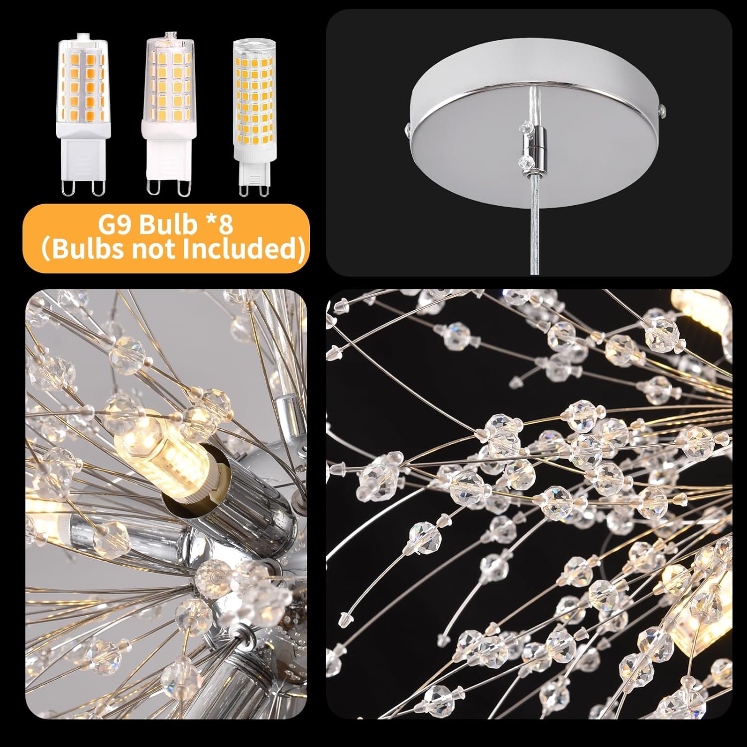 Plug in Crystal Chandeliers Firework, Dandelion Chandelier Modern, Gold Sputnik Pendant Light, 8 Light Hanging Ceiling Light Fixture G9 Socket for Dining Room Kitchen Bedroom Foyer Hallway Entryway