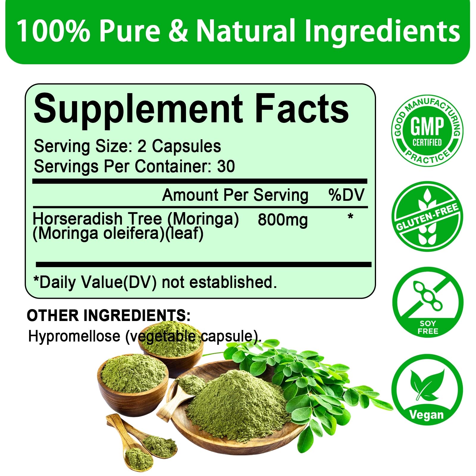Moringa Capsules, Pure Moringa Powder 800mg per Serving - Rich in Antioxidants Multi Minerals & Vitamins | Green Superfood - Natural & Vegan Supplement - 60 Capsules — Amazon image 3