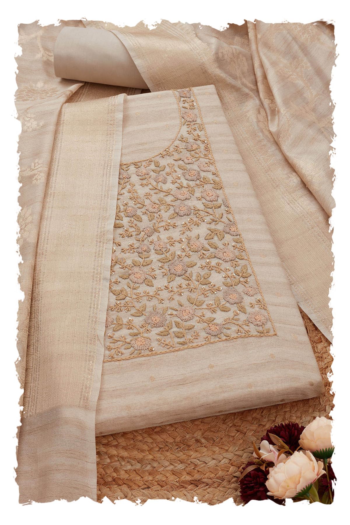 soch Womens Cream Tussar Zari Woven Unstitch Dress Material With Thread Work-picture-11