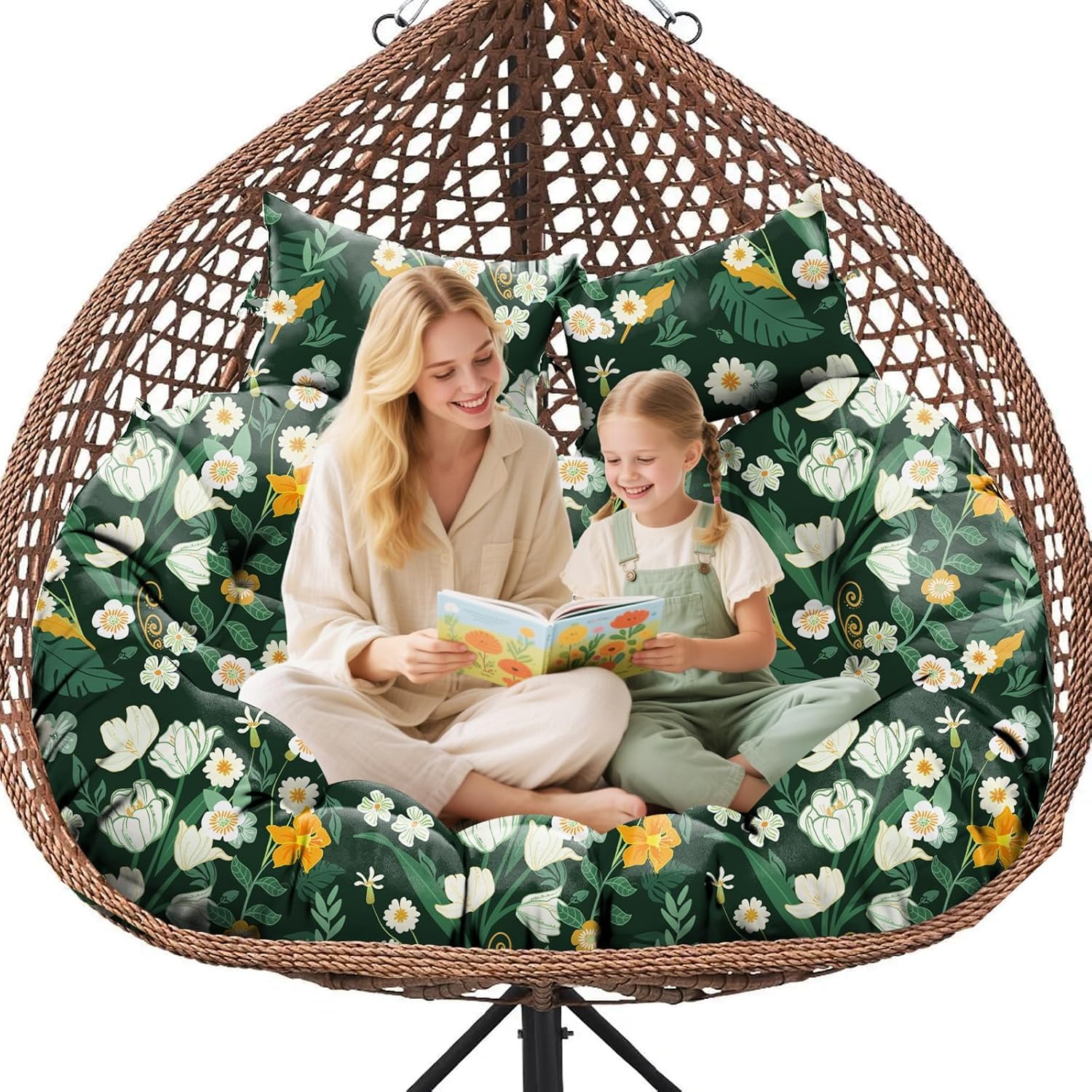 Double Hanging Egg Chair Cushion Replacement Waterproof for Outdoor Patio Basket Egg Chairs, 150x110 cm–2 Seater Premium Thickened 100% Cotton Large Double Eggs Swing Chair Cushions, Green Peony