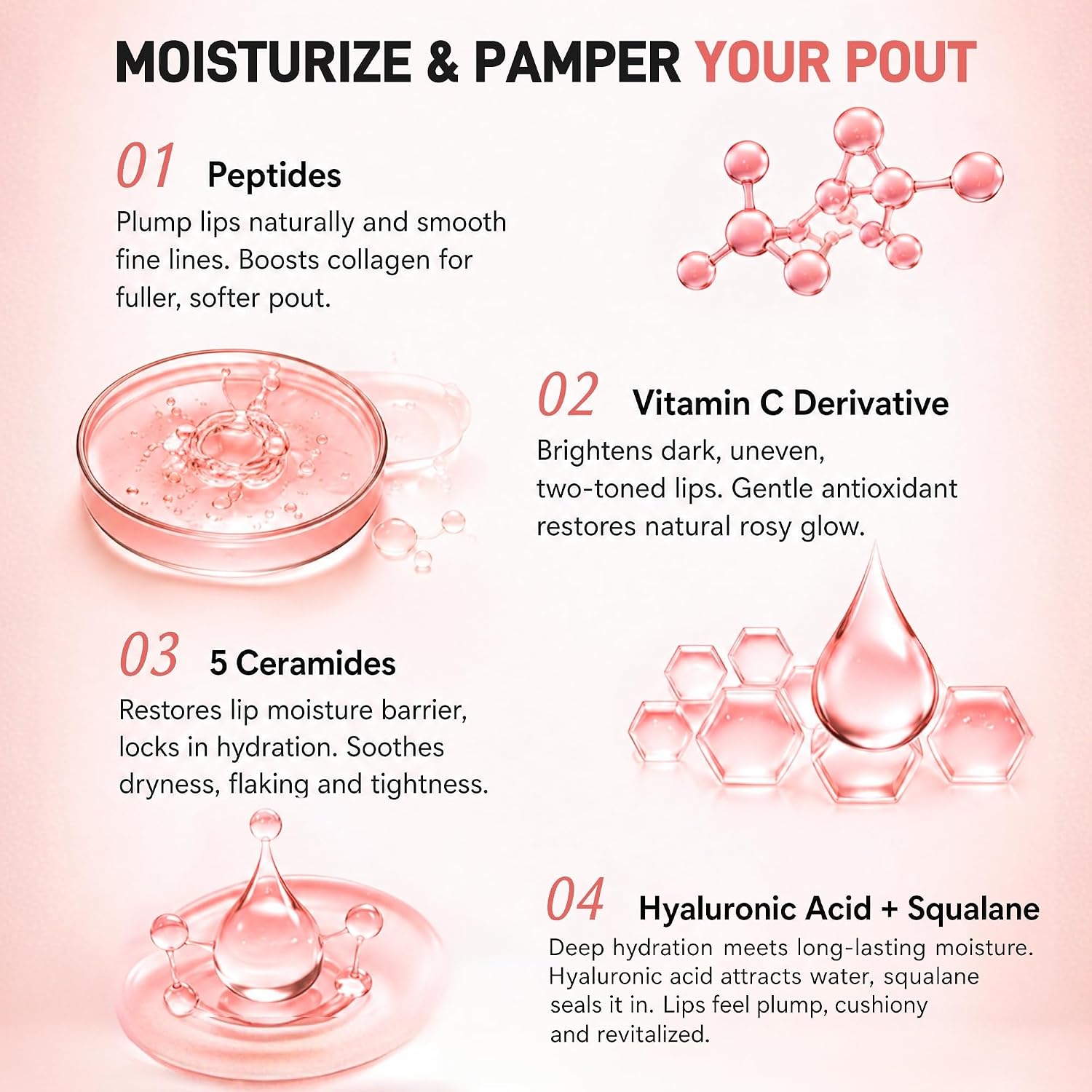 Brightening Lip Serum, Peptide Lip Plumper Non Sticky Tinted Lips Gloss, Hydrating Moisturizing Care Hyaluronic Acid Squalane for Dry Lips Lightweight Glossy Smooth Lines Daily Use, Coral Rose