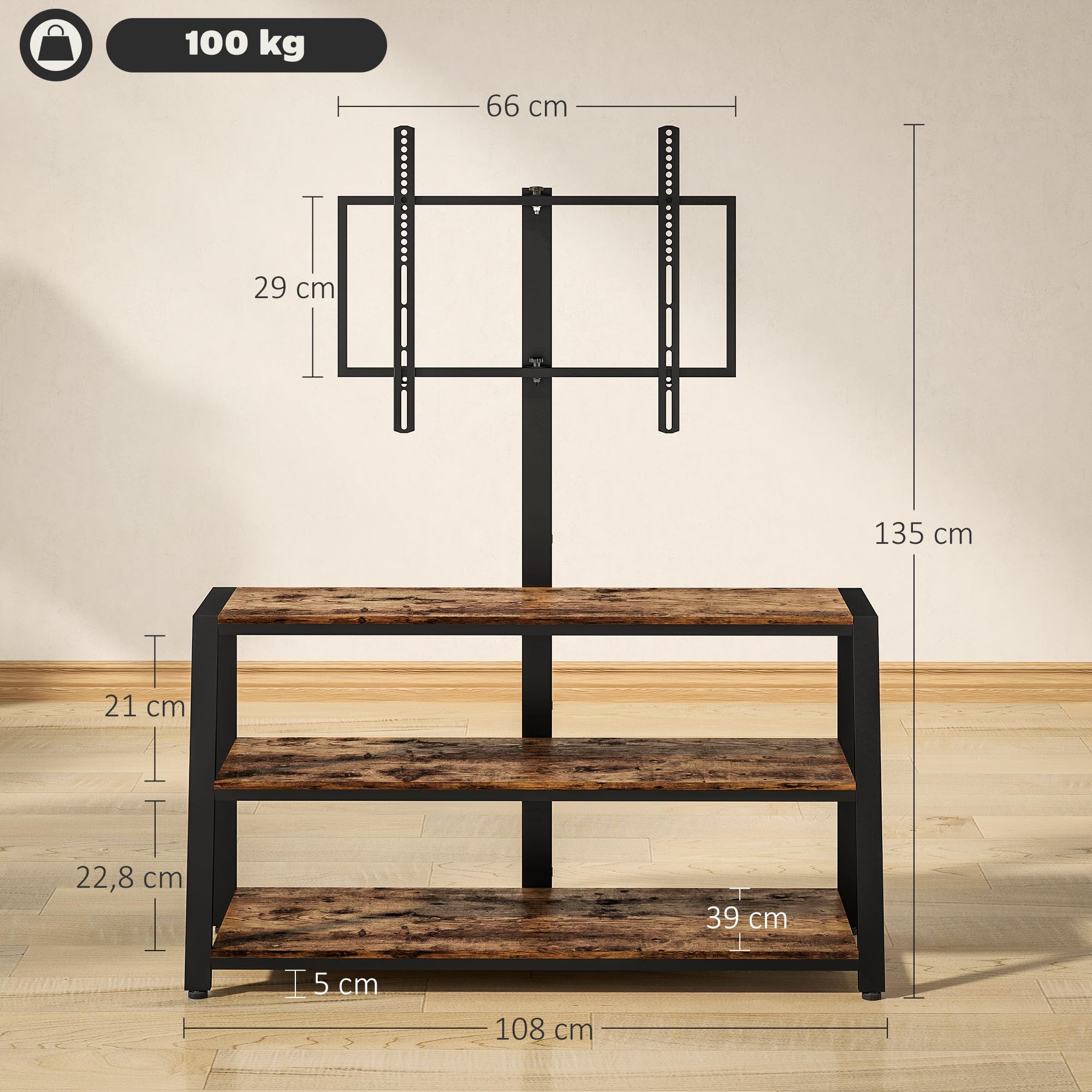 HOMCOM Meuble TV avec Support orientable 35°, Meuble télé pour téléviseurs de 32-70 Pouces, étagères Ouvertes, Banc TV Industriel pour Salon Chambre à Coucher, 108x41x135cm, Marron