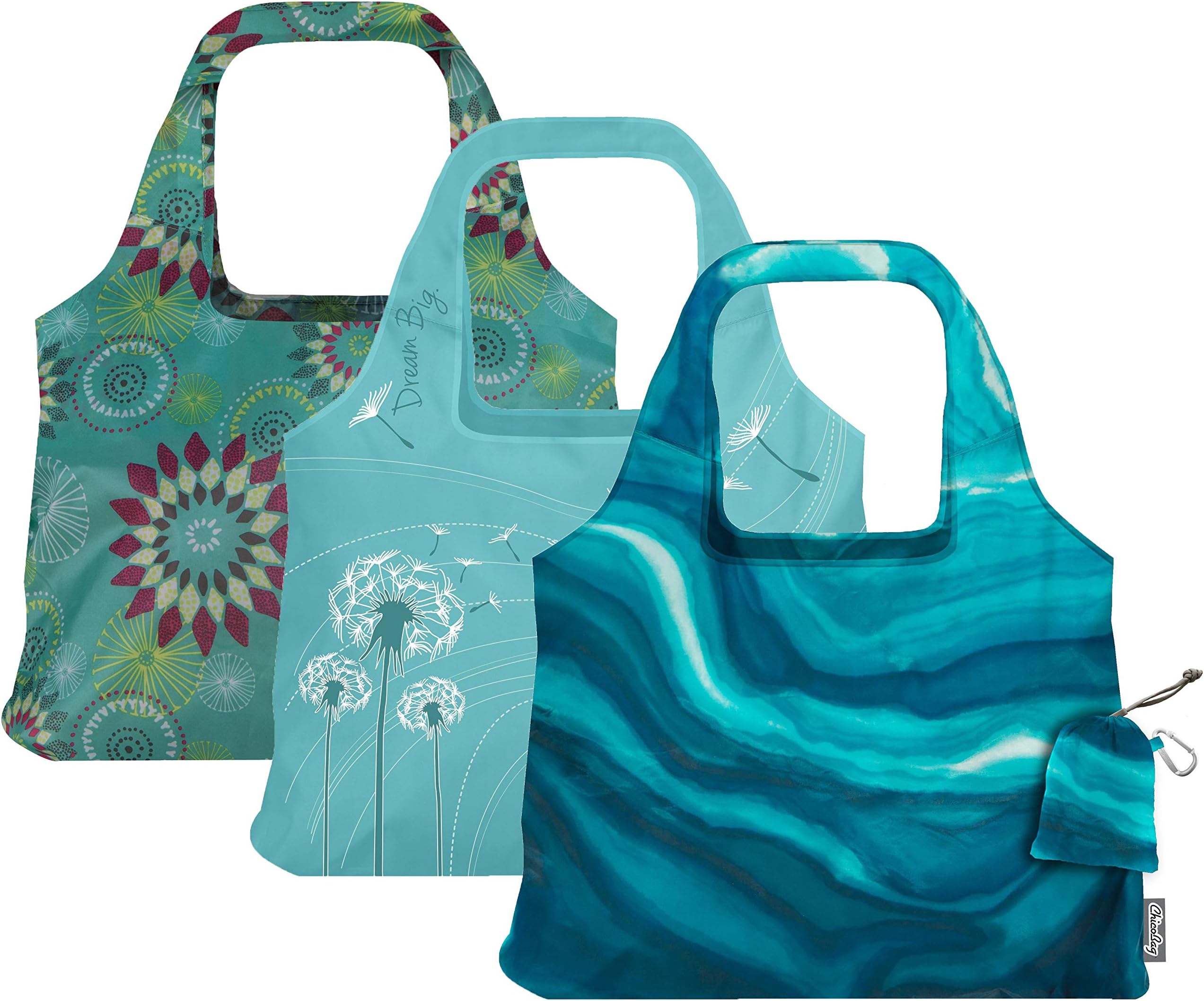 Vita Reusable Bag with Built-In Pouch and Carabiner Clip | Large-Capacity Shoulder Bag | Eco-Conscious Packable Tote | Variety 3pk - Calm, Dream, & Aqua Dandelion (Pack of 3)