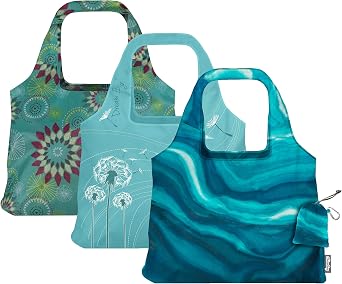 ChicoBag Vita Reusable Bag with Built-In Pouch and Carabiner Clip | Large-Capacity Shoulder Bag | Eco-Conscious Packable Tote | Variety 3pk - Calm, Dream, Aqua Dandelion Pack of 3