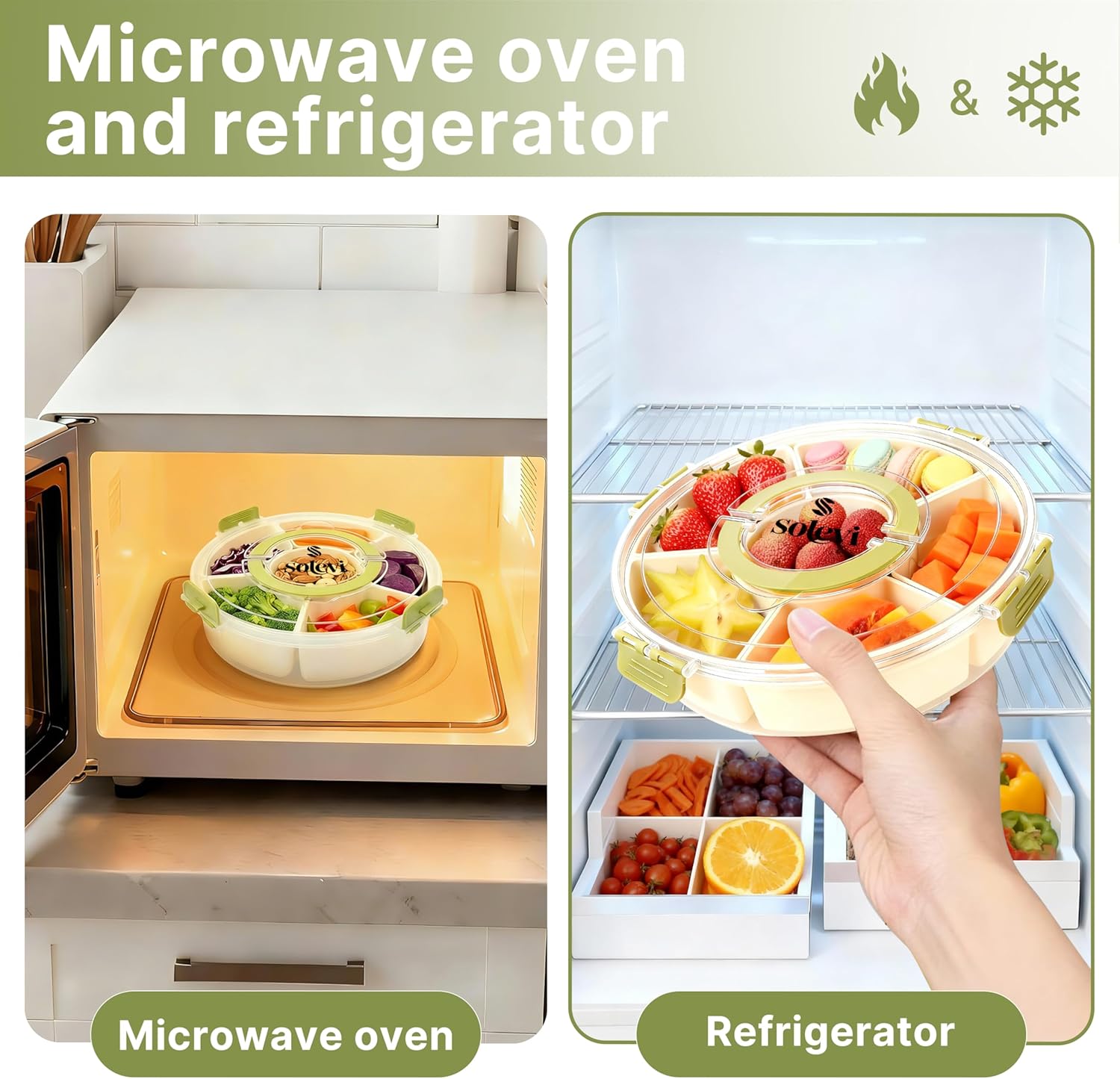 Divided Serving Tray with Lid – Snackle Box Container with Handle – Dishwasher & Microwave Safe – 6-Compartment Round Organizer for Fruits, Veggies, Candy & Nuts – Compact & Travel Friendly (10”)