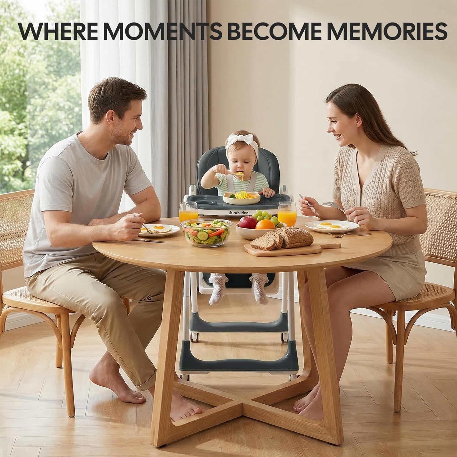 Sunchild 3-in-1 Baby High Chair with Wheels, 5-Point Harness, Tray, Footrest, and Backrest, Foldable and Adjustable for Toddlers 6-36 Months, Black