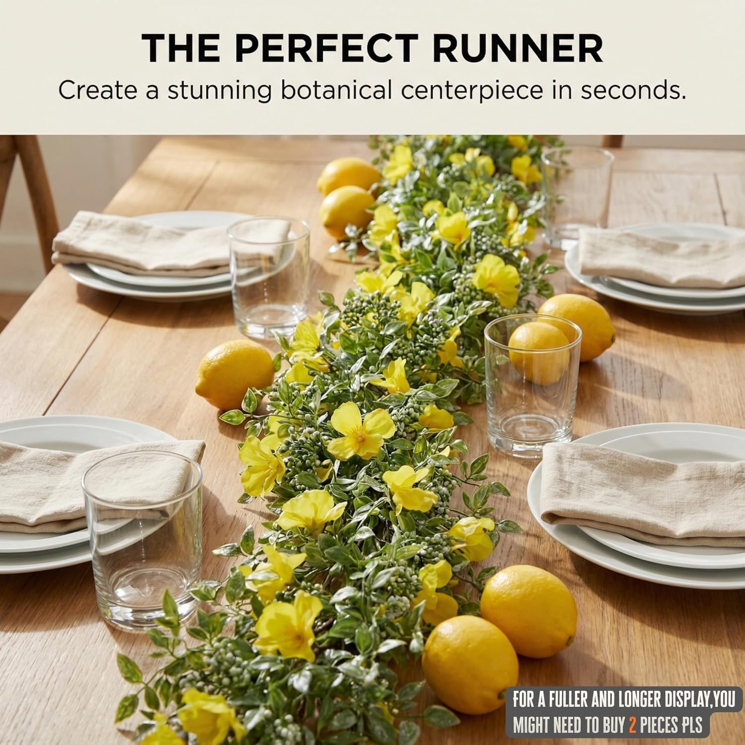 5 Ft Artificial Yellow Flower Garland, 60 Inch Spring Greenery Vine with Frosted Leaves & White Berries, Vibrant Floral Mantel Decor & Easter Table Centerpiece, Farmhouse Summer Home Accent