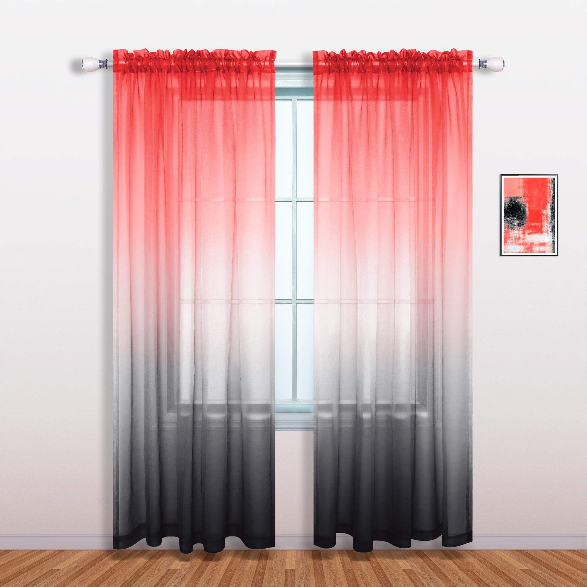 Mrs.Naturall Red and Black Curtains 84 Inches Long for Living Room Decor Set of 1 Single Sheer Panel Modern Ombre Elegant Curtains for Bedroom Girls Decorations 52x84 Long