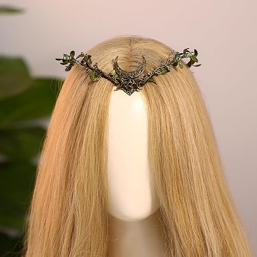 Miniatura 4 de MOSTORY Corona de elfo de luna hecha a mano  Tocado de bosque de bosque de elfos, tiara de diosa medieval, accesorio de reina para mujeres y niñas,