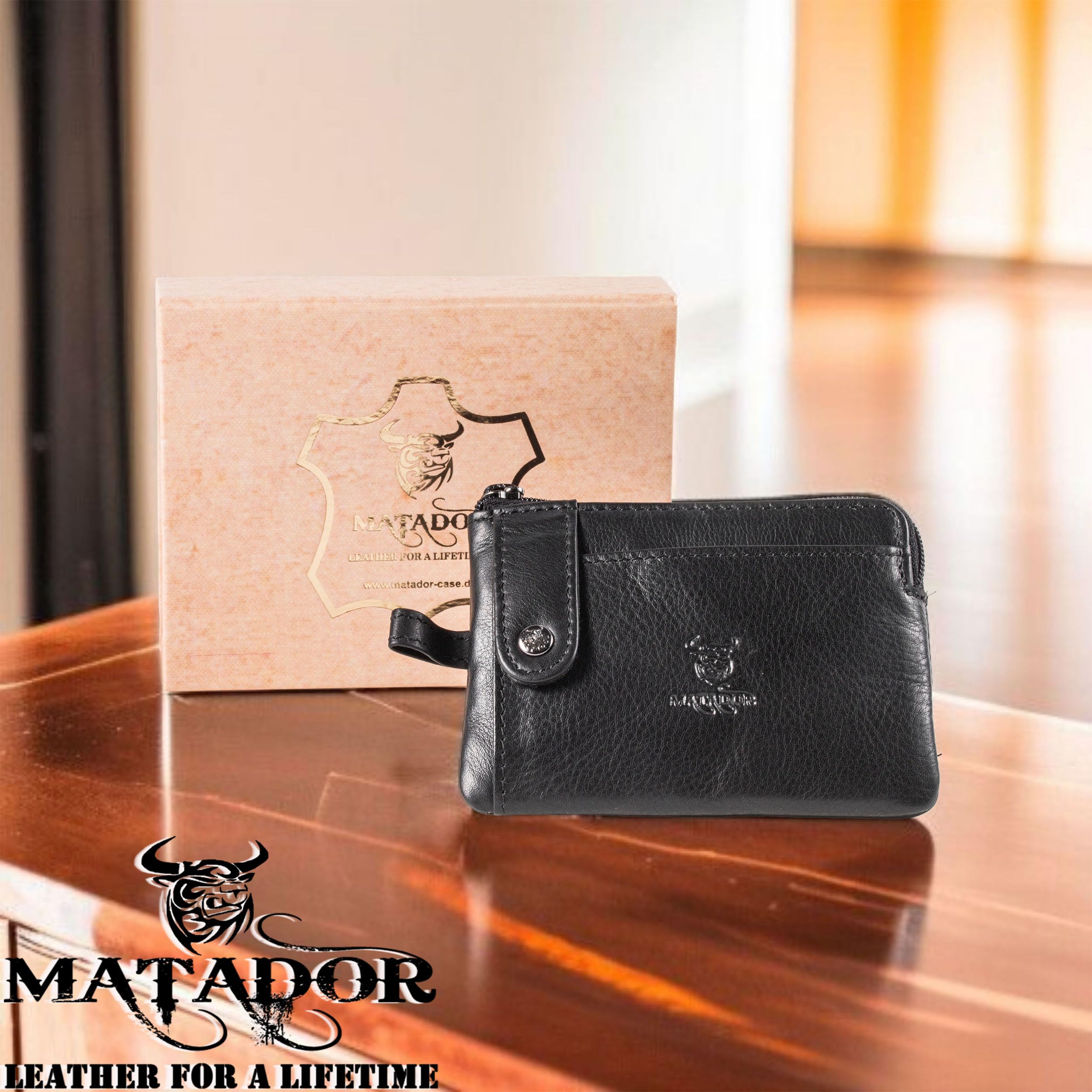 MATADOR Porte Clef avec 2 Porte Carte Crédit et Porte Monnaie en Cuir Véritable | Mini Pochette Rangement Clé avec Blocage RFID et Boîte Cadeau | Sac Cuir Porte Clés Multifonction | Accessoire Voiture