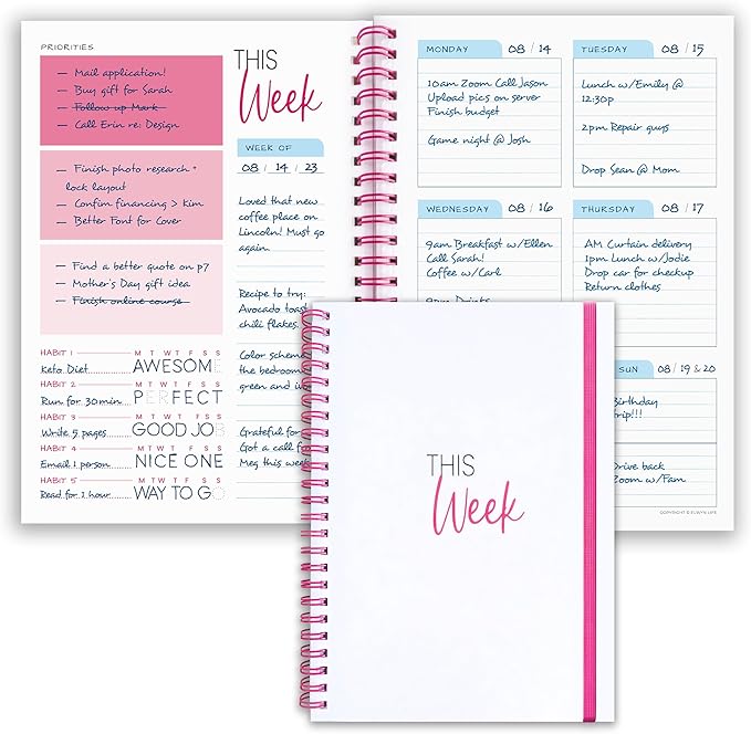 Weekly Planner Notebook | Pink A5 Spiral Notebook for Goal Setting & Habit Tracking