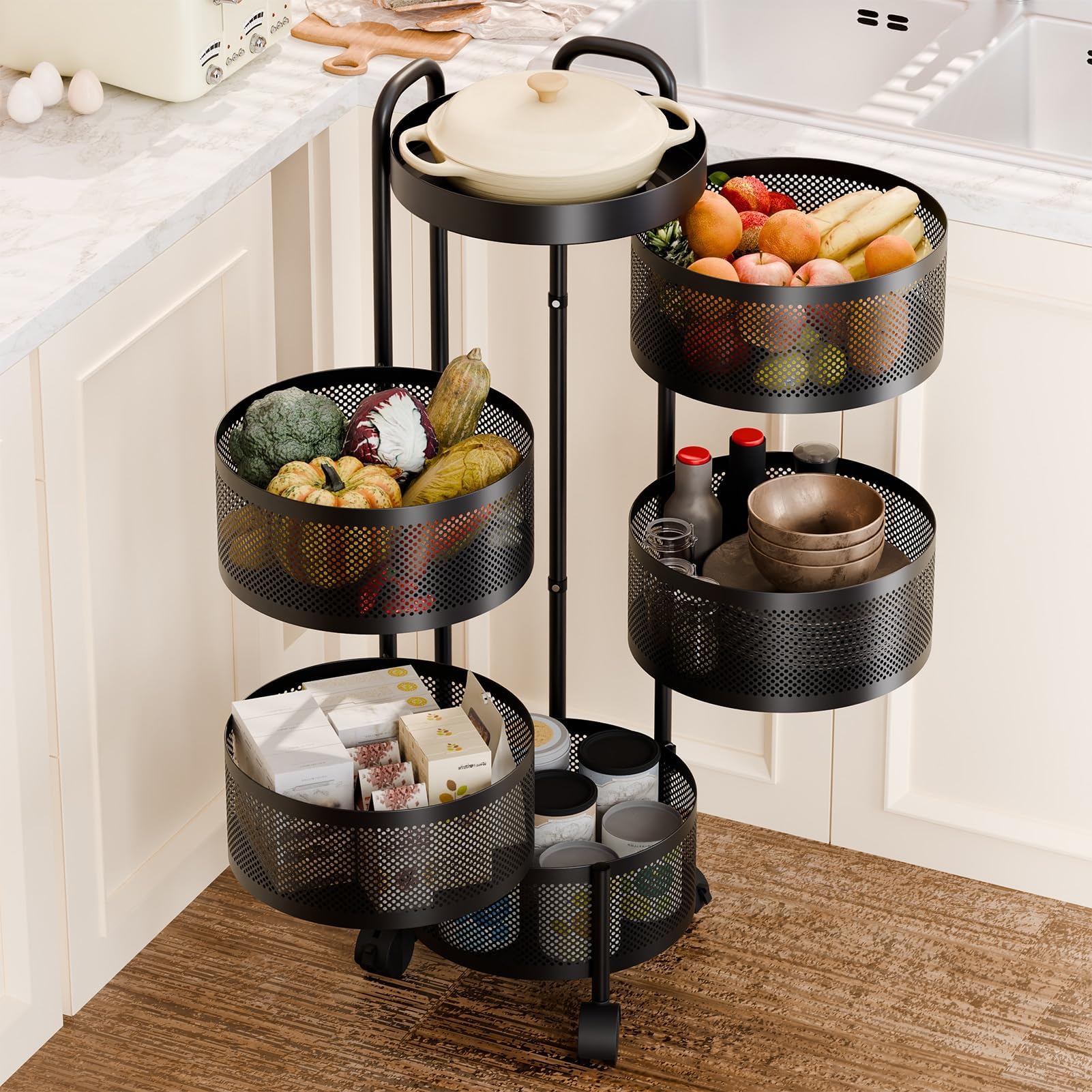 Rotierende Lagerung Regale Rack für Küche, 5-Tier Multi Layer abnehmbare Korb Regal Veranstalter auf rollenden Rädern für Obst Gemüse Lebensmittel, Küche Lagerung Rack keine Montage schwarz
