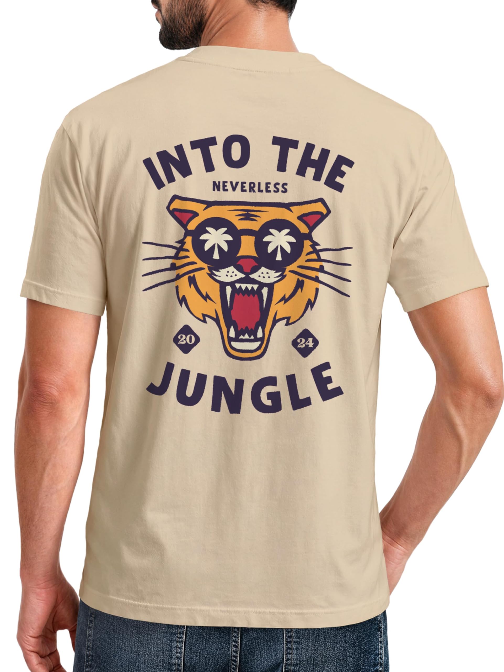 Neverless Maglietta da uomo Backprint Tiger con scritta Into The Jungle Palme Estate Retro Design Fashion Streetstyle