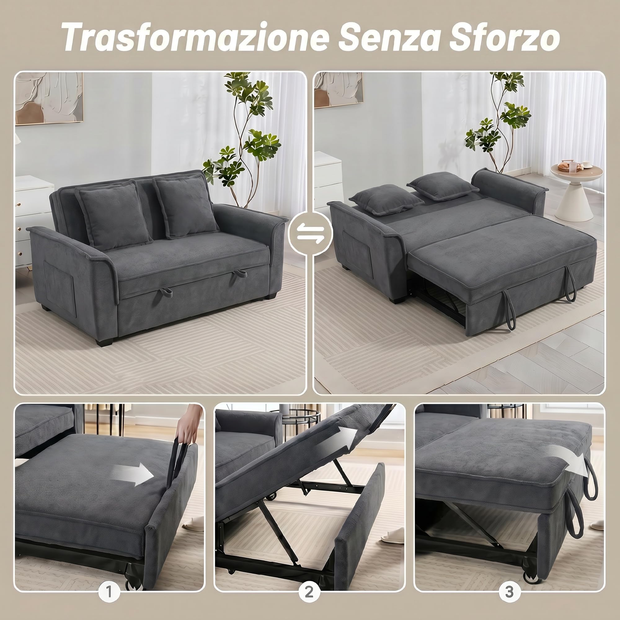 HOMCOM Divano Letto 2 Posti 3 in 1 in Ciniglia con 2 Cuscini, Divano Letto Matrimoniale Estraibile Reclinabile 3 Livelli con Braccioli, Seduta Imbottita, Legno Eucalipto, per Soggiorno, Grigio Scuro