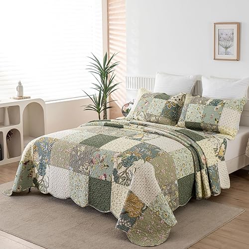 Miniatura 9 de YAYIDAY Juego de colcha de algodón con temática marina, manta de cama transpirable, colcha acolchada floral con fundas, estampado de concha de coral