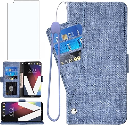 Asuwish Funda tipo cartera compatible con LG V20, protector de pantalla de vidrio templado y funda de cuero con tapa para tarjetas, accesorios