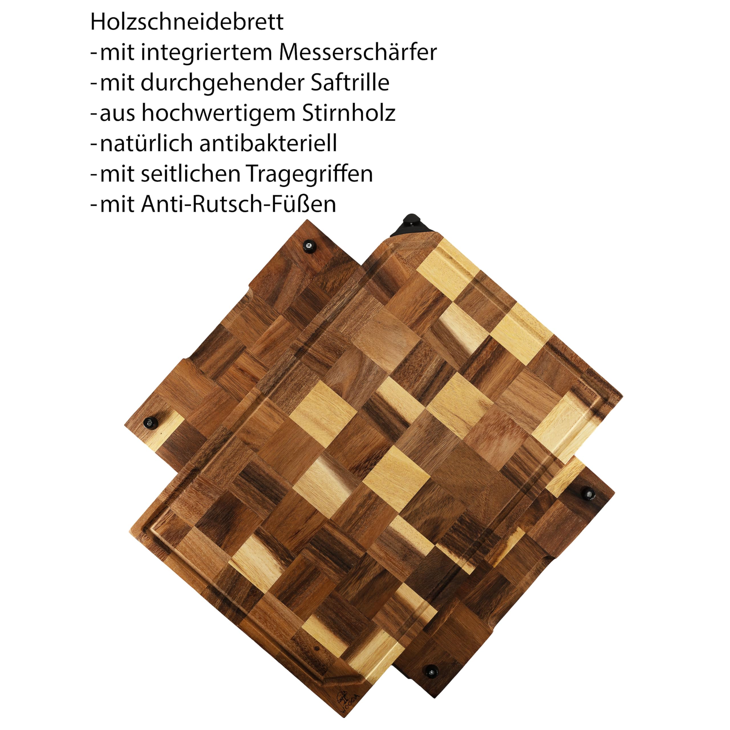 Holzschneidebrett aus massiver Akazie mit integriertem Messerschärfer (45x30x3cm) - Schneidebrett Holz mit einzigartiger Optik durch Stirnholz - Schneidebrett mit durchgehender Saftrille