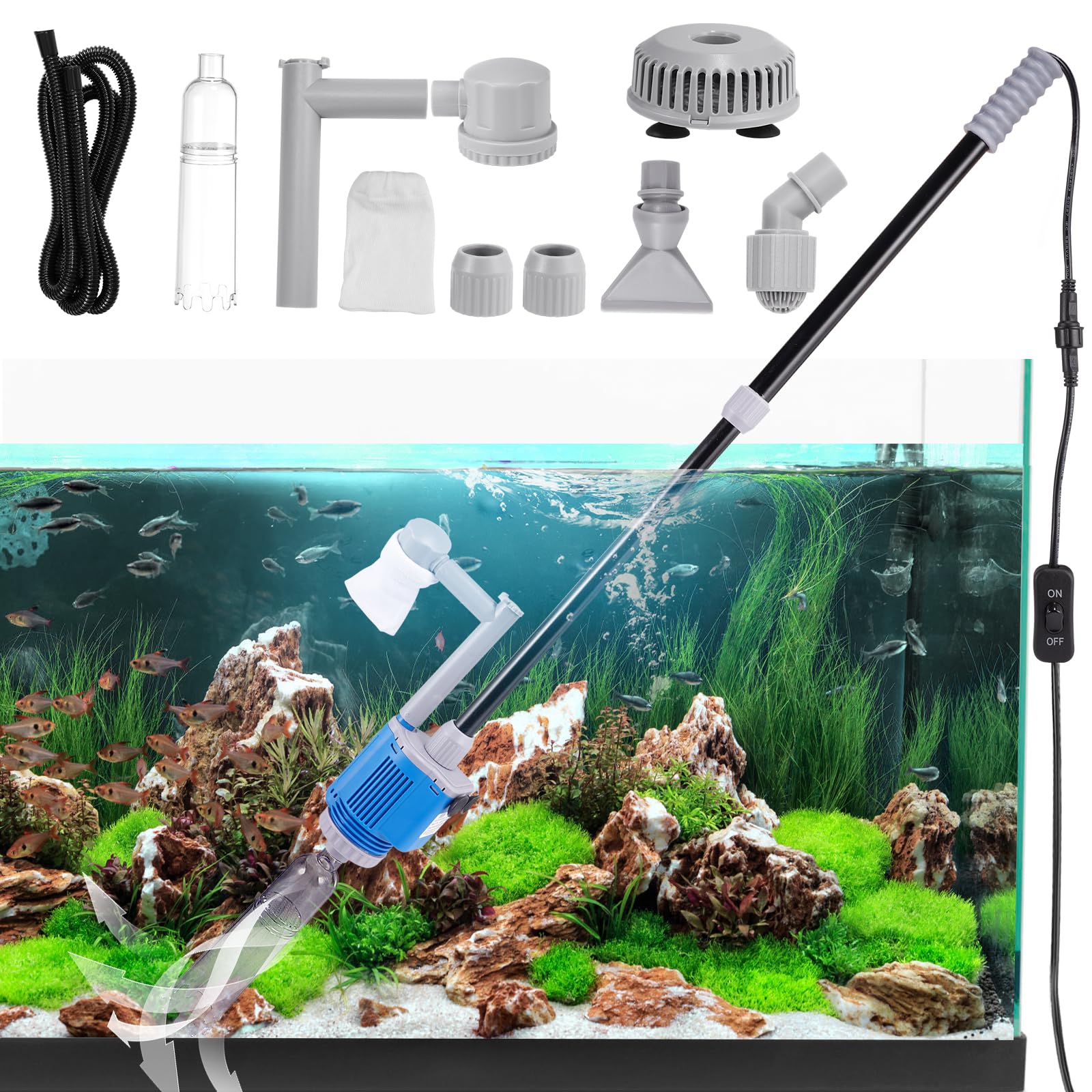 Pulitore per Ghiaia Acquario Elettrico, Pulizia Acquario Elettrico, Scambiatore Automatico Acqua Acquario 6 in 1, Aspirapolvere Acquario per Cambio Acqua, Pulizia Sabbia, Rimozione Sporco, Filtraggio