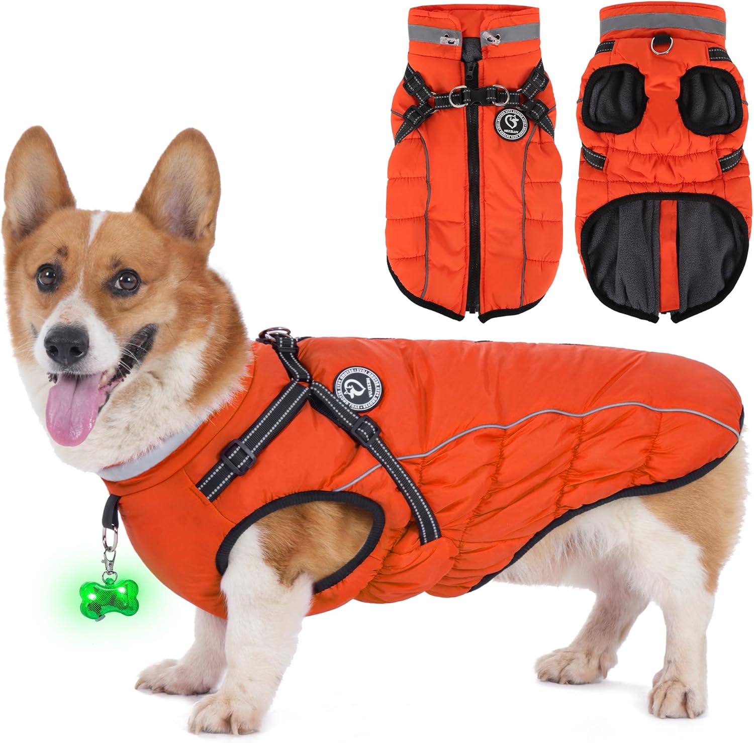 Waterproof Dog Jacket with Built-in Harness, Winter Snow Dog Warm Coat for Small, Medium Dogs, Cold Weather Cozy Vest Clothes with Luminous Pendant and Reflective Strips, Adjustable Straps