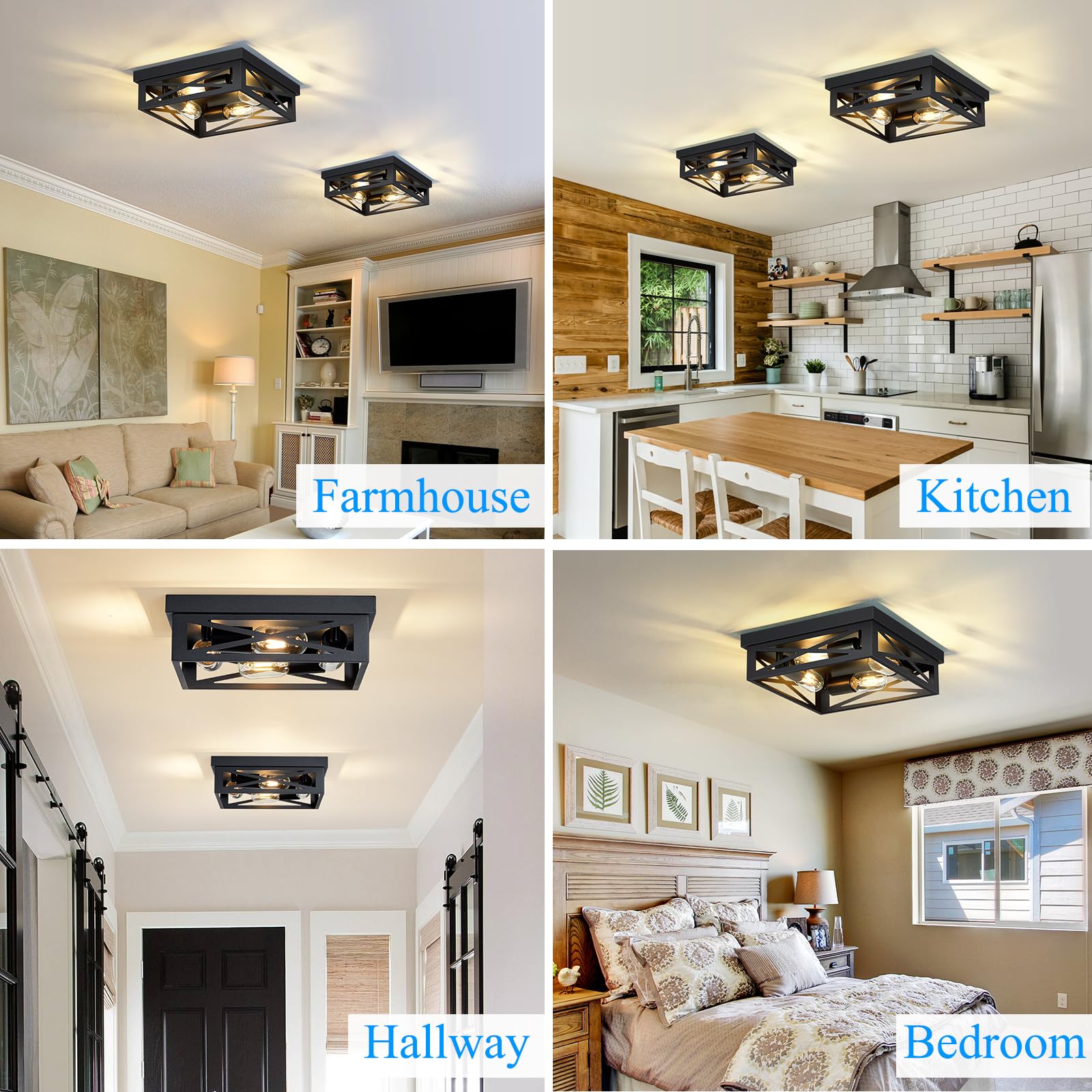 SKEJAO Black Flush Mount Ceiling Light Fixture,4-Light Square