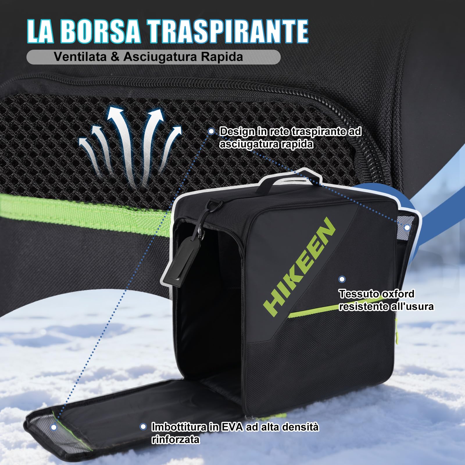 Hikeen Zaino Portascarponi da Sci con Scomparto per Casco, 40L, Ventilazione a Rete, Base Rinforzata Eva, Apertura Ampia e Materiale Resistente, per Sci e Pattinaggio