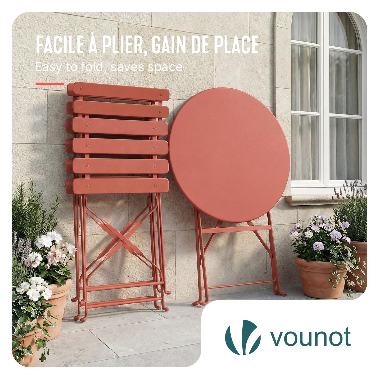 Vounot Ensemble de Bistrot Pliant 3 Pièces Métal Rouge Brique Jardin
