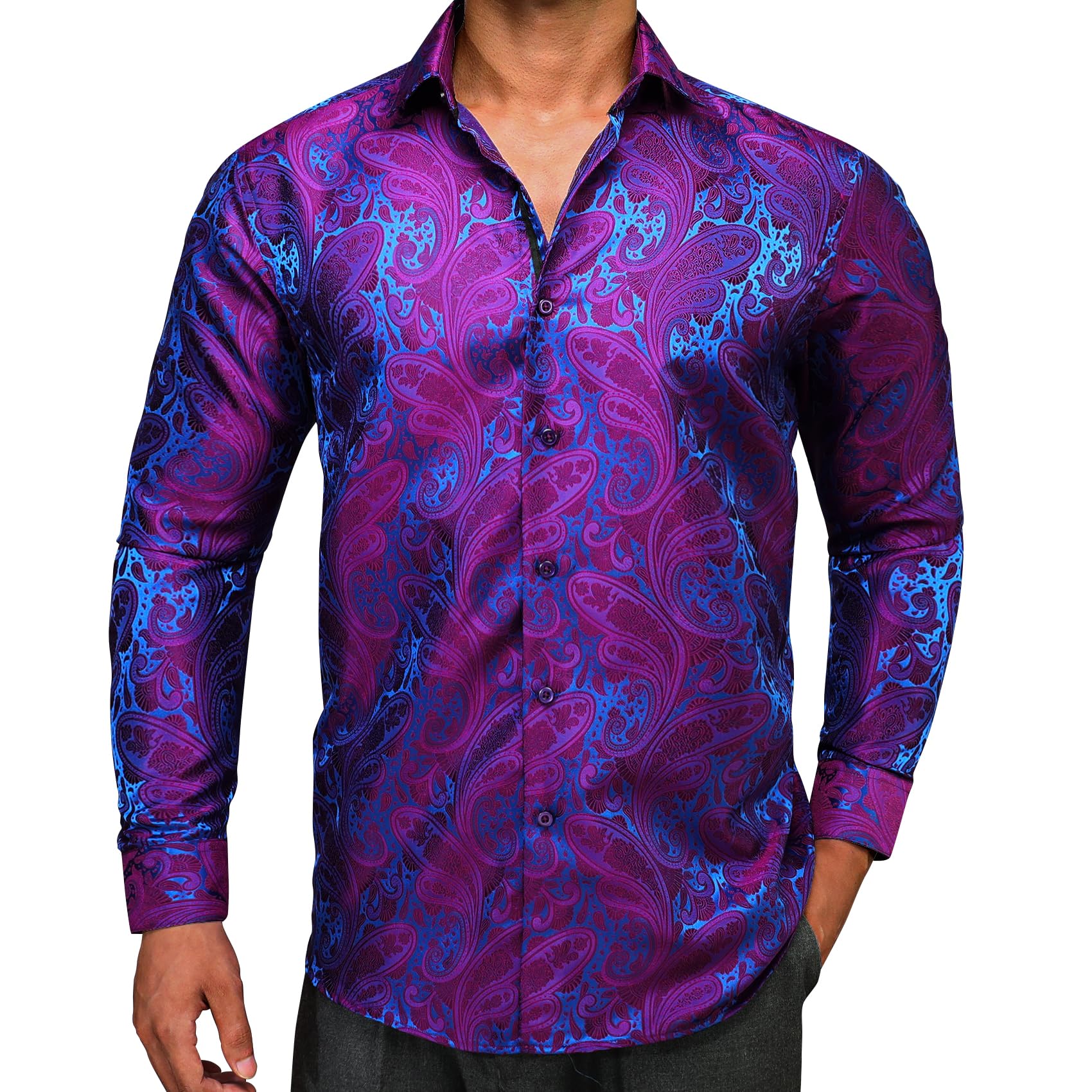Barry.Wang - Camisa de vestir de manga larga de cachemira con diseño de flores para hombre