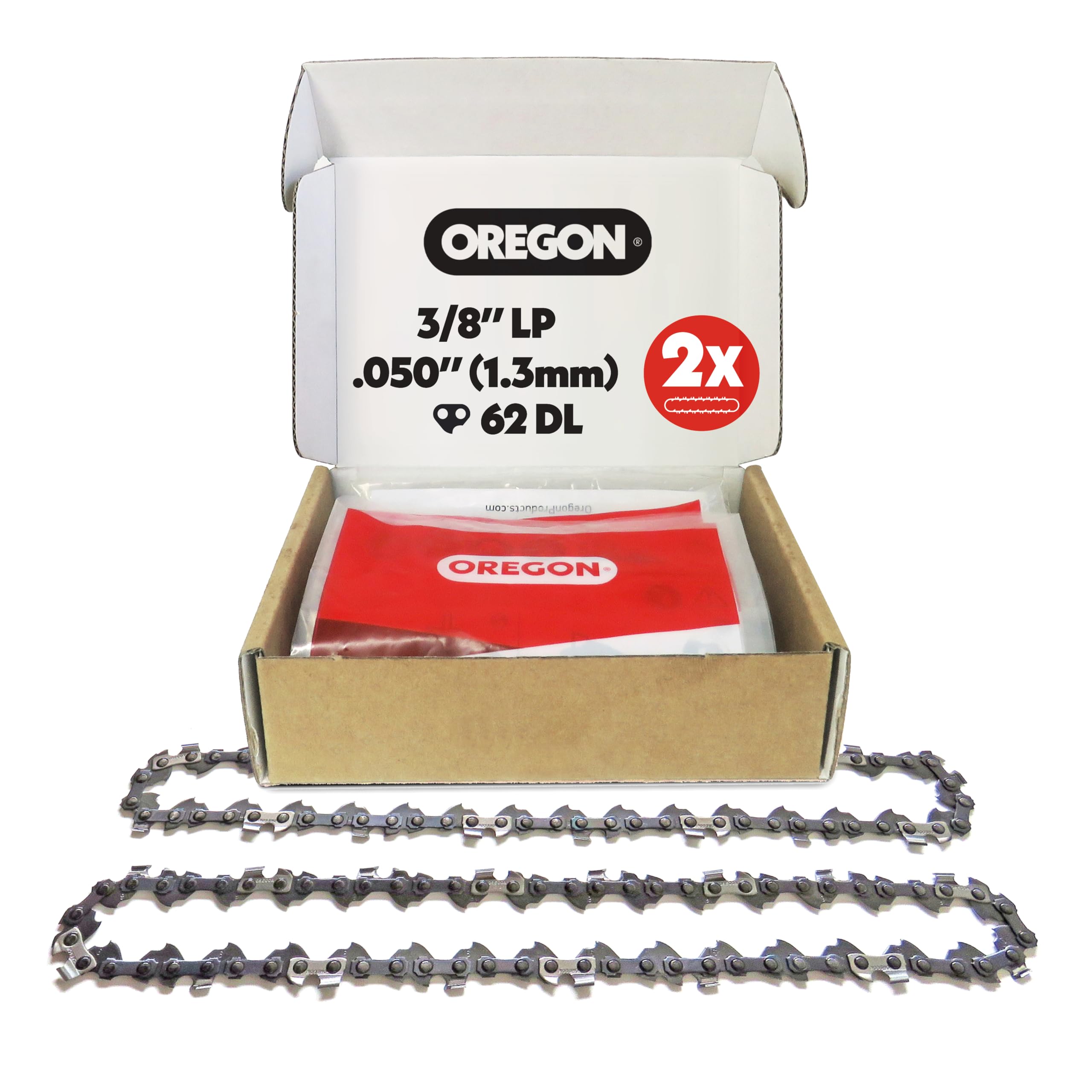 Oregon 2-er Pack Sägekette 3/8 LP Teilung, 0,50 Zoll (1,3 mm) Stärke, für 18 Zoll (45 cm) Führungsschiene, 62 Treibglieder - Geringer Rückschlag Ersatzsägekette für Husqvarna, Mac Allister und mehr