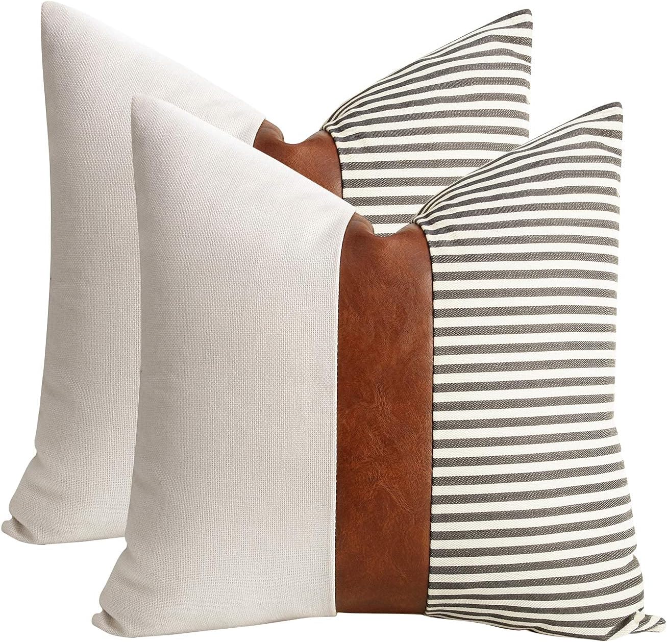 cygnus 26x26 Pillow Covers Set of 2 -Boho Rustic Farmhouse Decorative Throw Pillow Covers for Couch Sofa Bedroom Livingroom,White Linen Patchwork Faux Leather Couch Covers,Grey