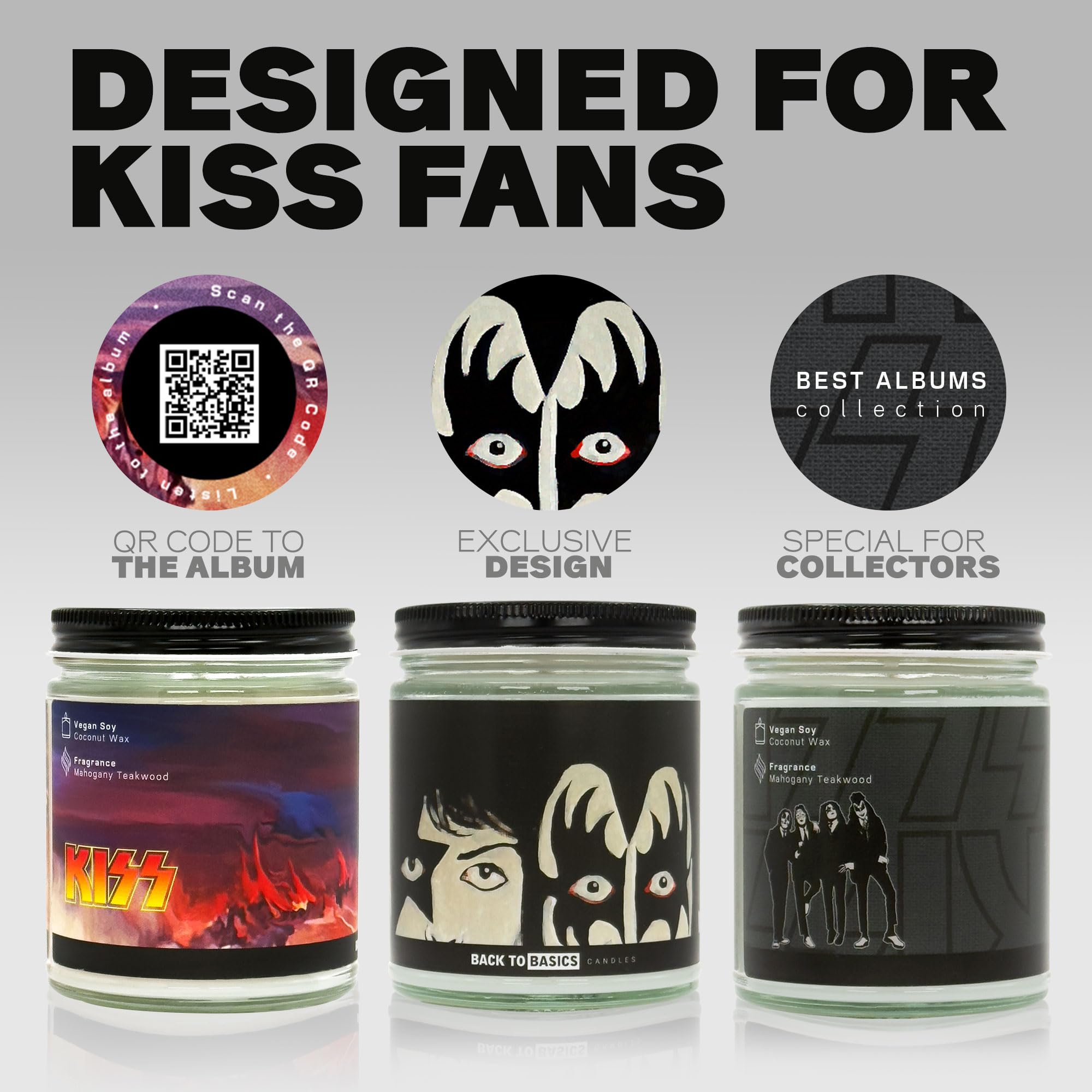 KISS - Juego de velas prémium | Velas Back to Basics - 3 velas aromáticas de cera de coco de soja vegana para fanáticos del rock & roll, merchandising, decoración del hogar, regalos de cumpleaños para