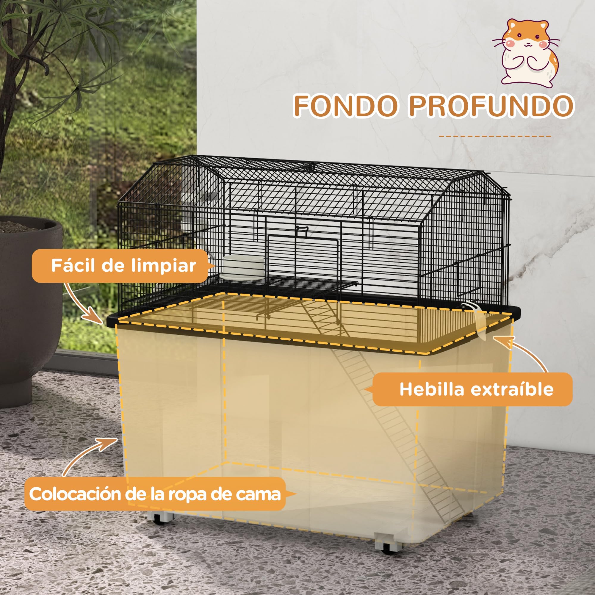 PawHut Jaula para Hámster Casa para Animales Pequeños con Fondo Profundo Plataforma Cuenco Bebedero Rampa y Ruedas 57x43x57 cm Negro