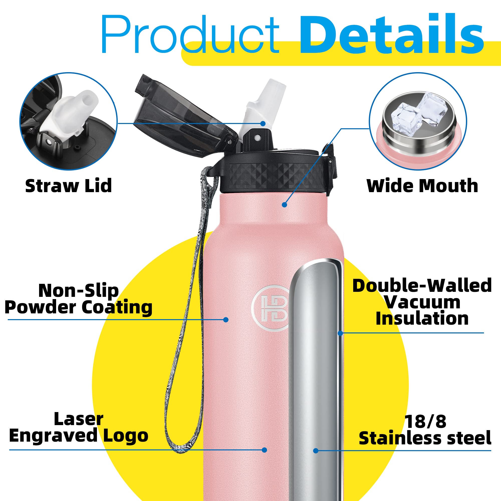 Han's Bottle Sportowa butelka na wodę, 900 ml, pokrywka ze słomką, szczelna, izolowana próżniowo stal nierdzewna, podwójne ścianki, kubek termiczny, różowy
