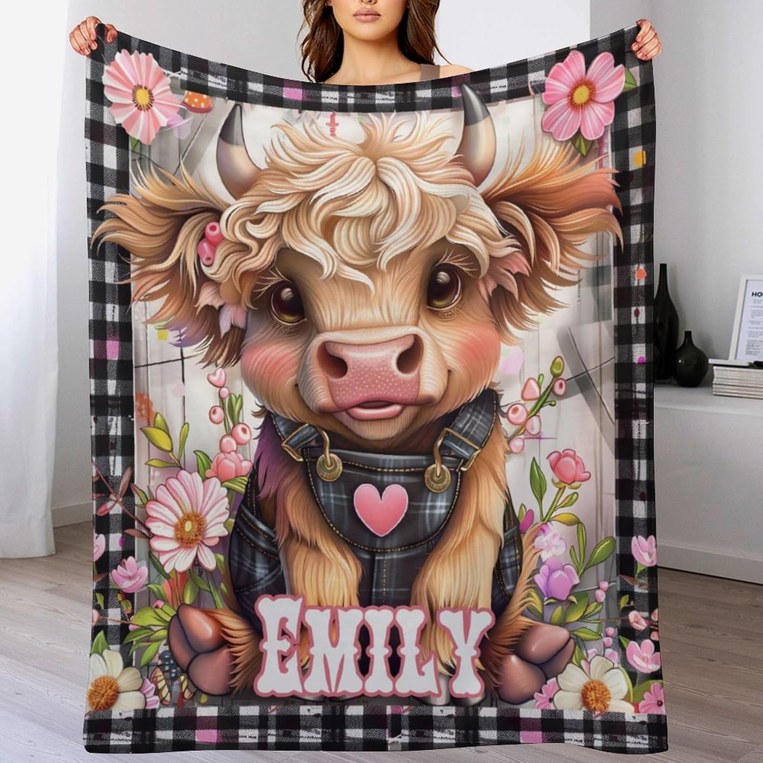 Personalized Baby Blankets for Boys Girls with Name Custom Highland Cow Floral Name Blanket for Kids Baby Customized Toddler Receiving Blankets Baby Gifts for Infant Newborn Birthday Christmas M