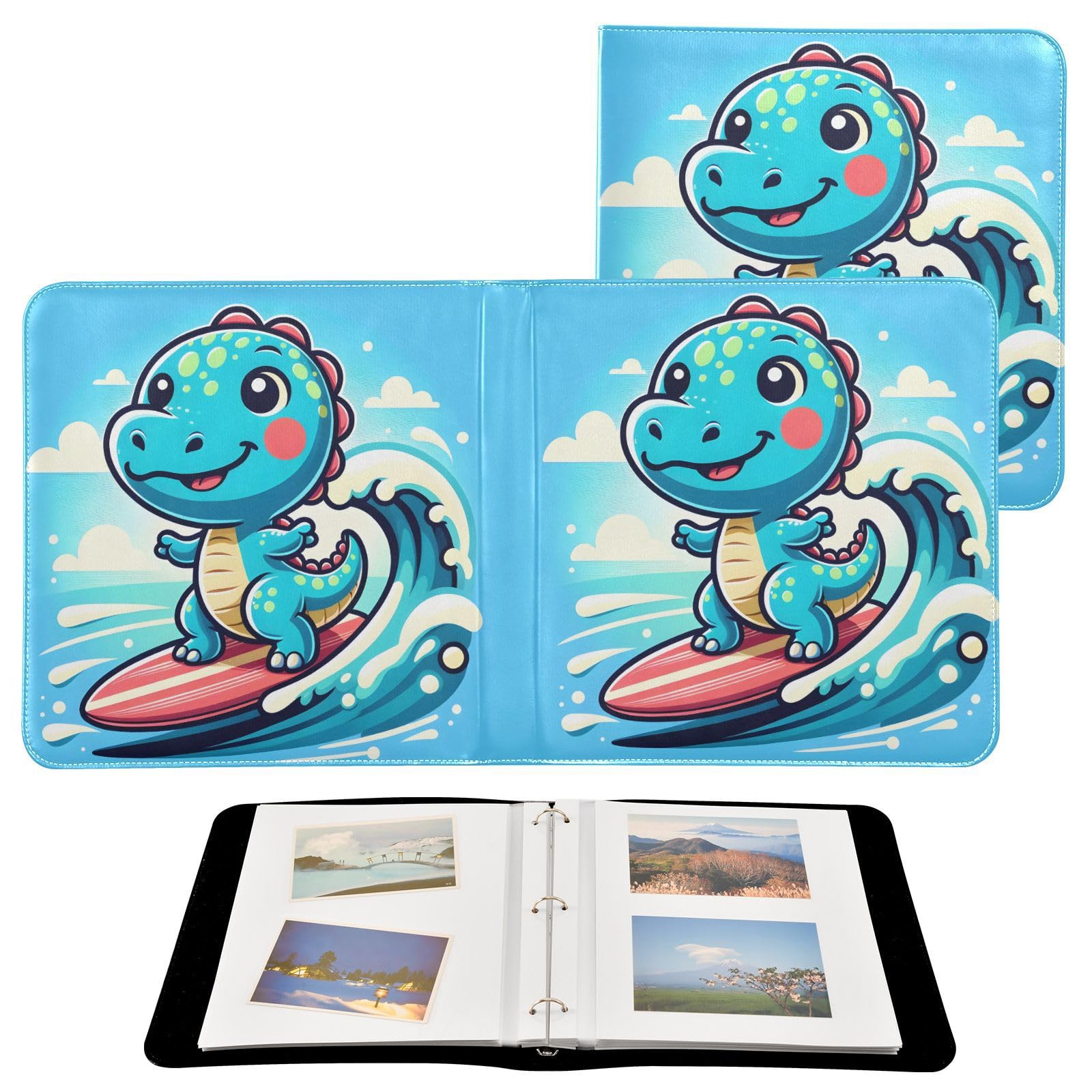 JIPONI Cute Cartoon Dinosaur Surfer Large Photo Album, DIY Leather Cover Scrapbook Albums for 4x6 5x7 6x8 Pictures, Self Adhesive Memory Book for Wedding, Baby, Family