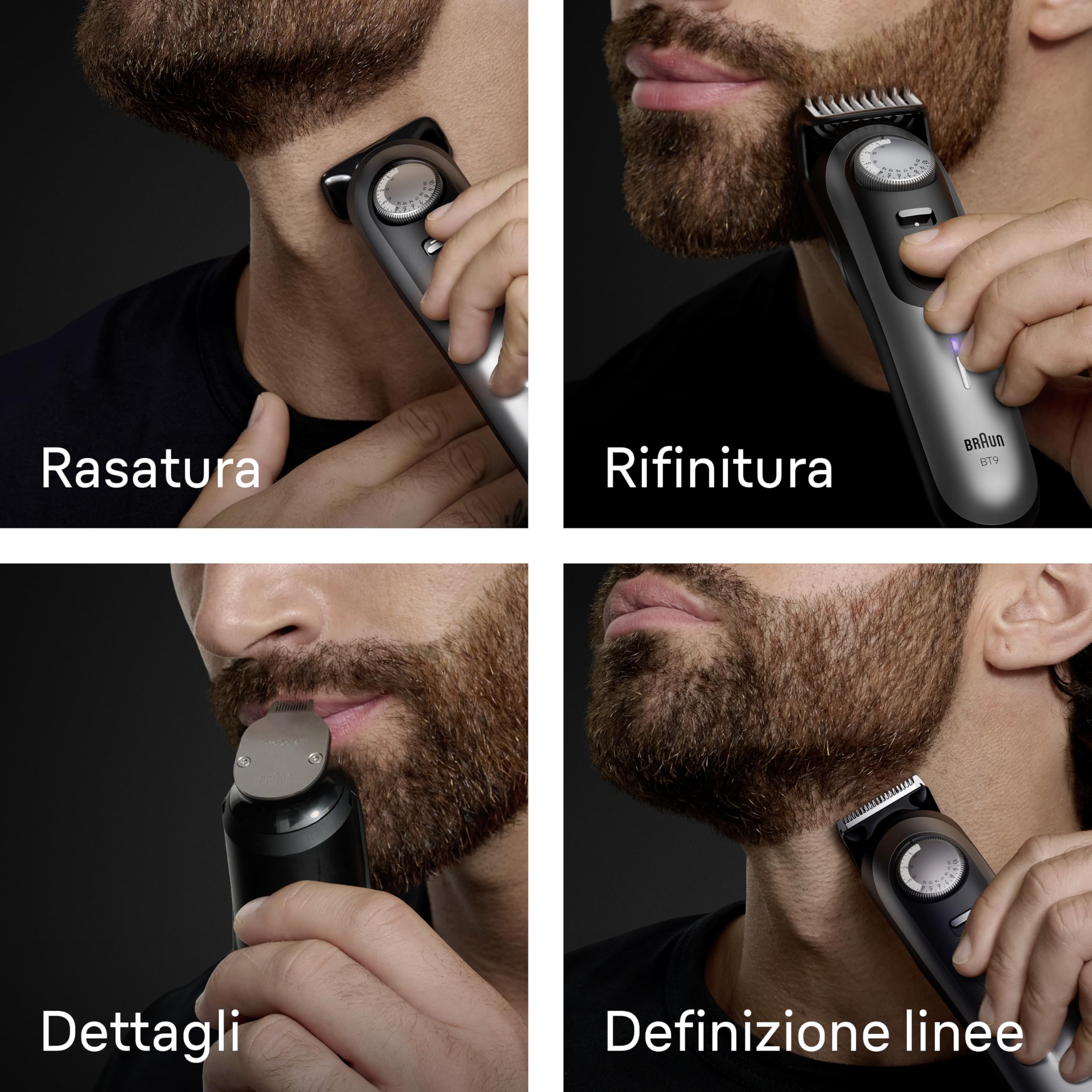 Braun Trimmer Barba Series 9, + 7 Strumenti Barbiere, Modalità PowerBoost, Lama ProBlade, 180 Min Autonomia, Gradiato, 50 Lunghezze, Rotella Di Precisione E Blocco, Impermeabile, BT9520, Cromo