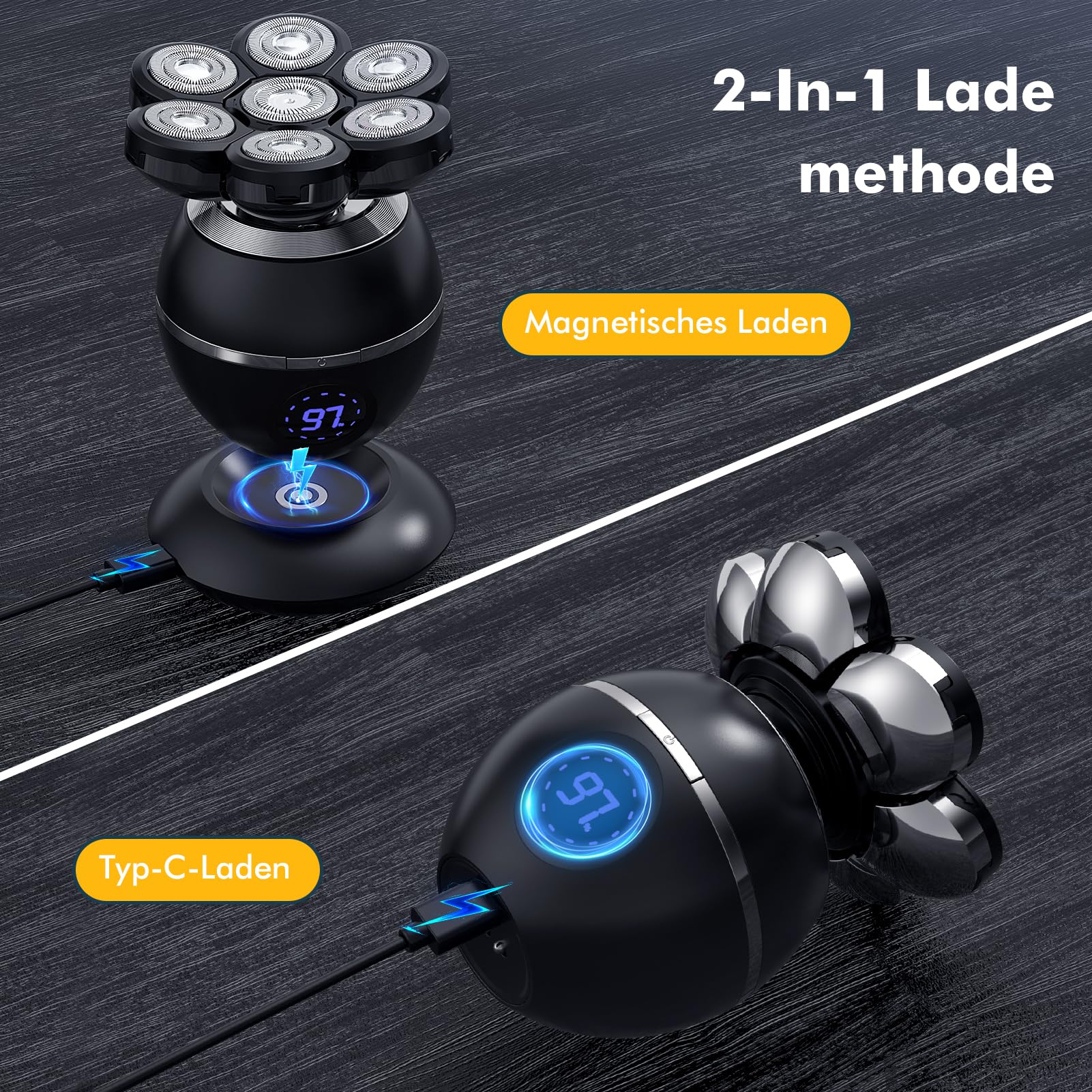 ETENTOUS Rasoir Tete Chauve Homme, 7D Rasoir Électrique Homme- 6 en 1 Tondeuse Crane Chauve- Humide/Sec Étanche IPX7 pour Hommes Chauves avec Écran LED.
