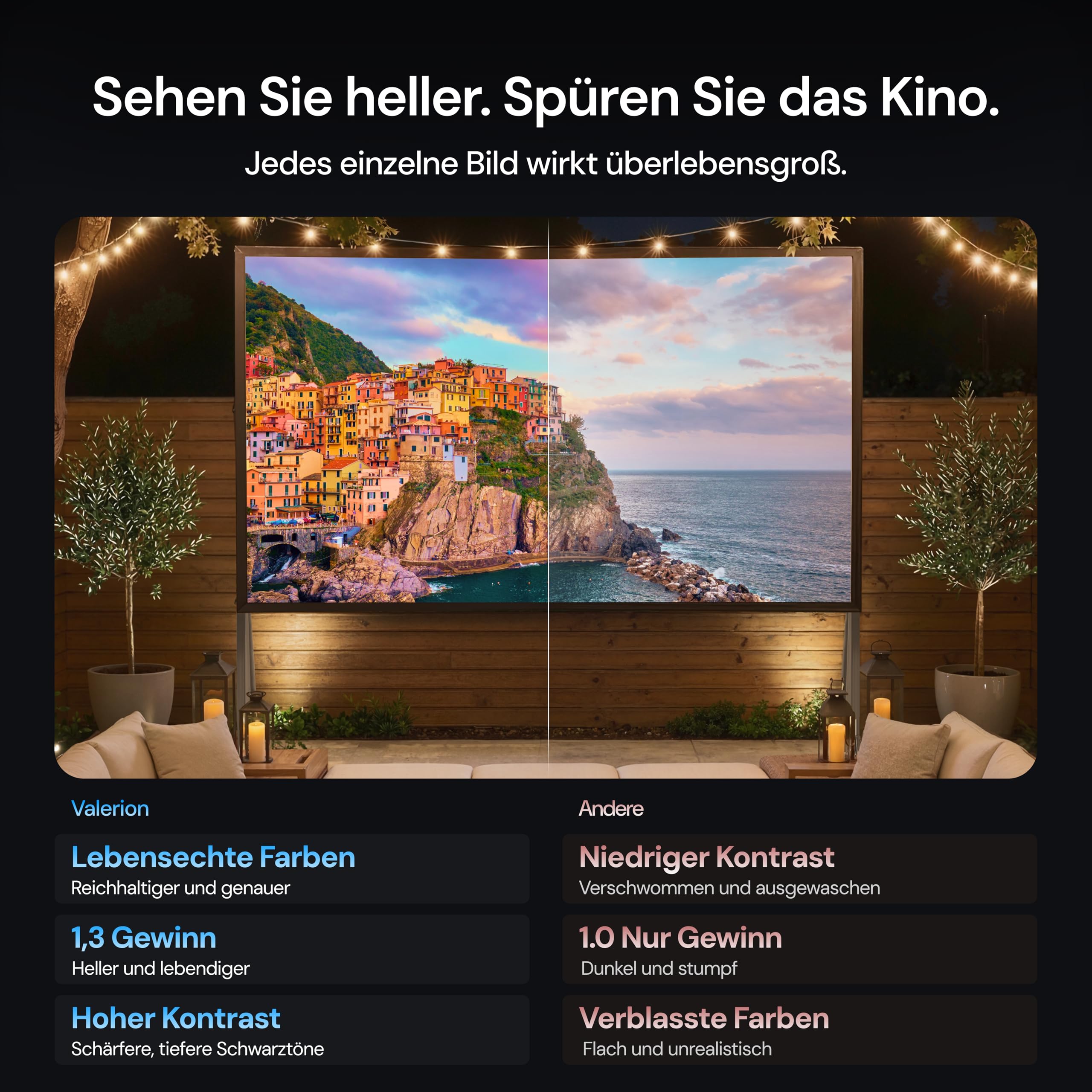 Valerion 120 Zoll Tragbare 4K/8K Outdoor-Leinwand mit Ständer, 3-lagiges mattweißes PVC, 16:9 Format, 1.3 Gain, faltbar, Anti-Falten, windstabil, inkl. Tragetasche