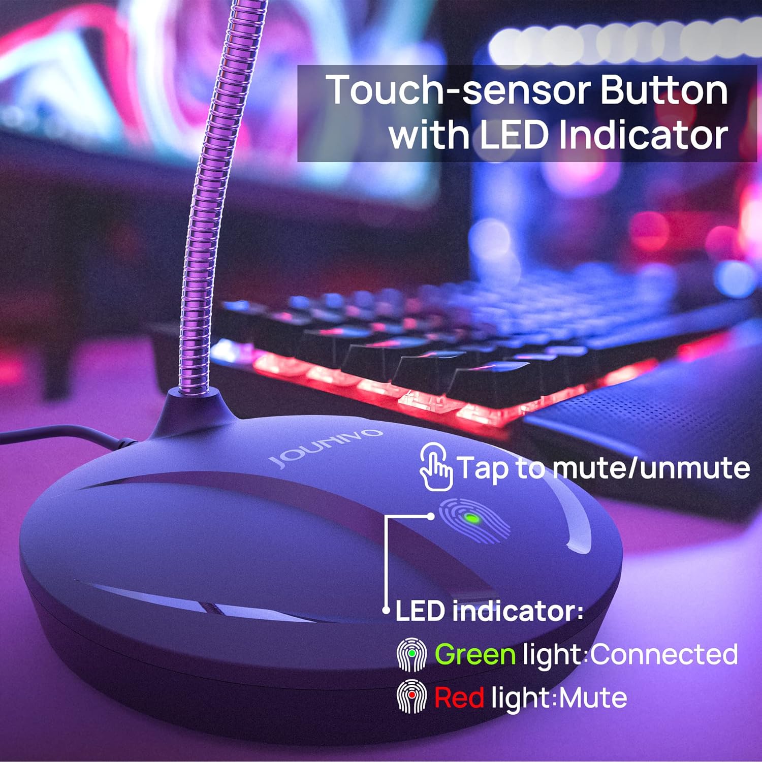 Close-up of the JOUNIVO JV610 microphone base showing the touch-sensor mute button with LED indicator