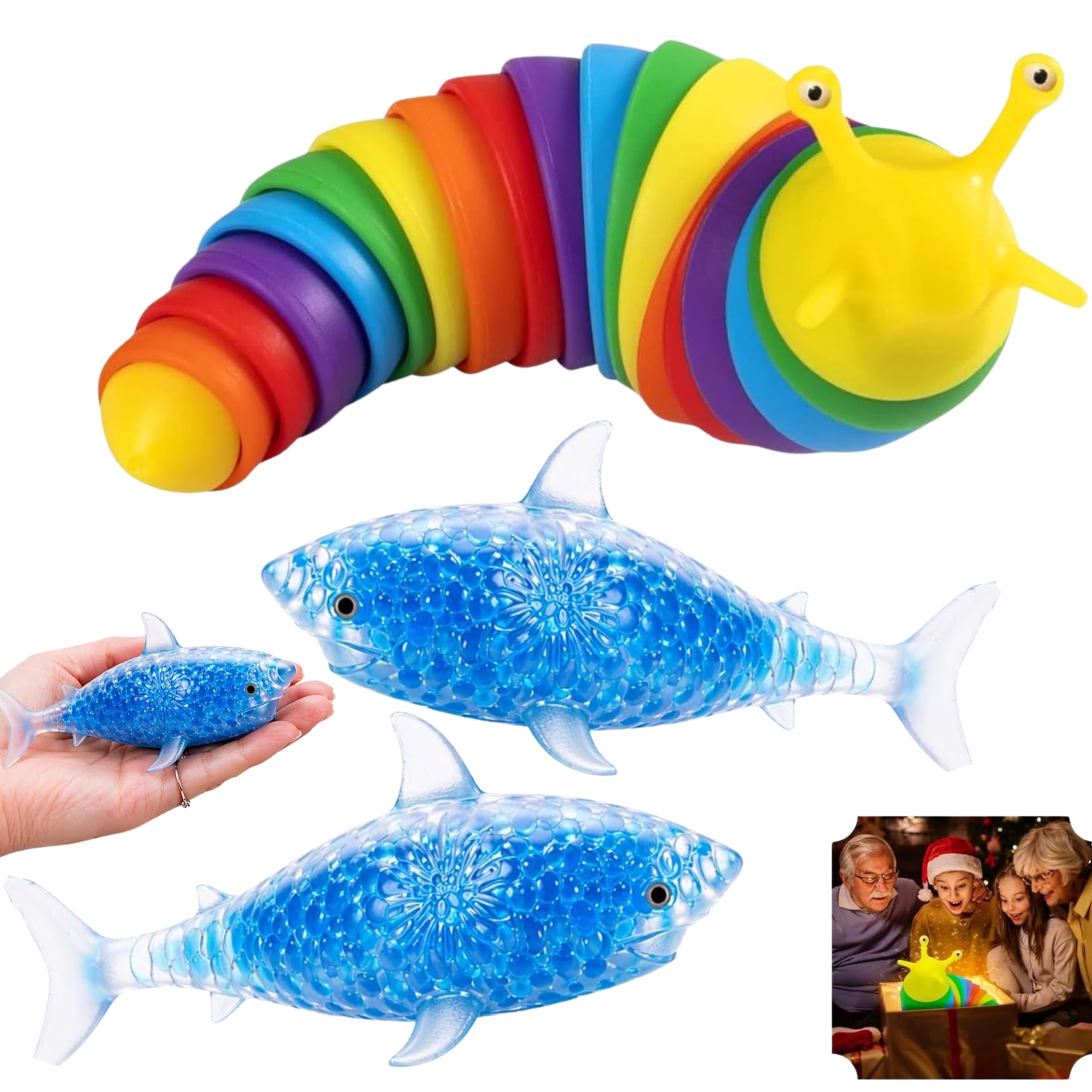 3Pcs Fidget Toy Bundle, Rainbow Slug Fidget Toy & 2x Shark Stress Balls, Sensory Toys Set for Kids & Adults, ADHD Autism Anxiety Relief, Squeeze & Clicking Fidget Toys for Travel, School & Desk Play
