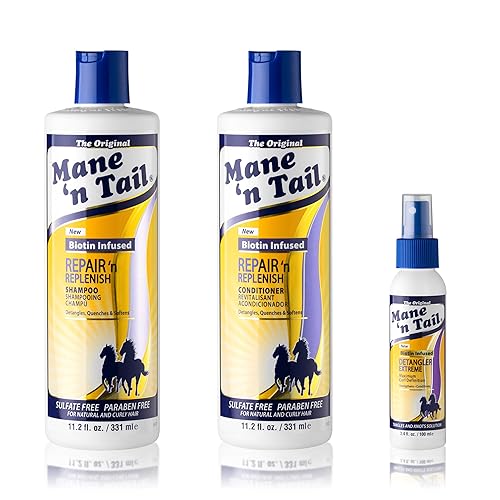 Mane 'n Tail Repair 'n Replenish Champú y acondicionador sin sulfato (11.2 onzas cada uno) con desenredante extremo (3.4 onzas) – Sistema de