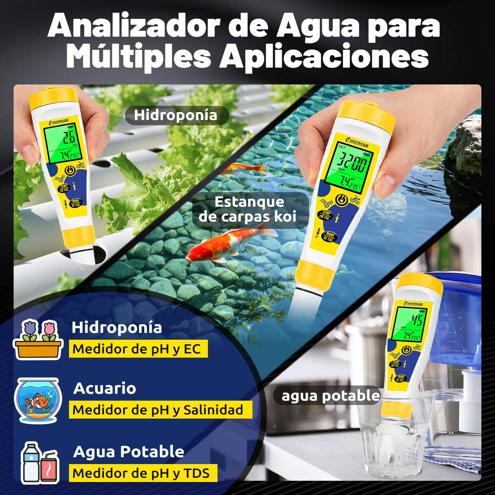 UIUZMAR Medidor Cloro y pH Sal Piscinas Digital, Salinidad Piscina Salina | Muestra Simultáneamente pH/CL/Temp, 7 en 1, Medición de pH, EC, TDS, Sal, Cloro Residual, ORP y Temp Acuarios Spa