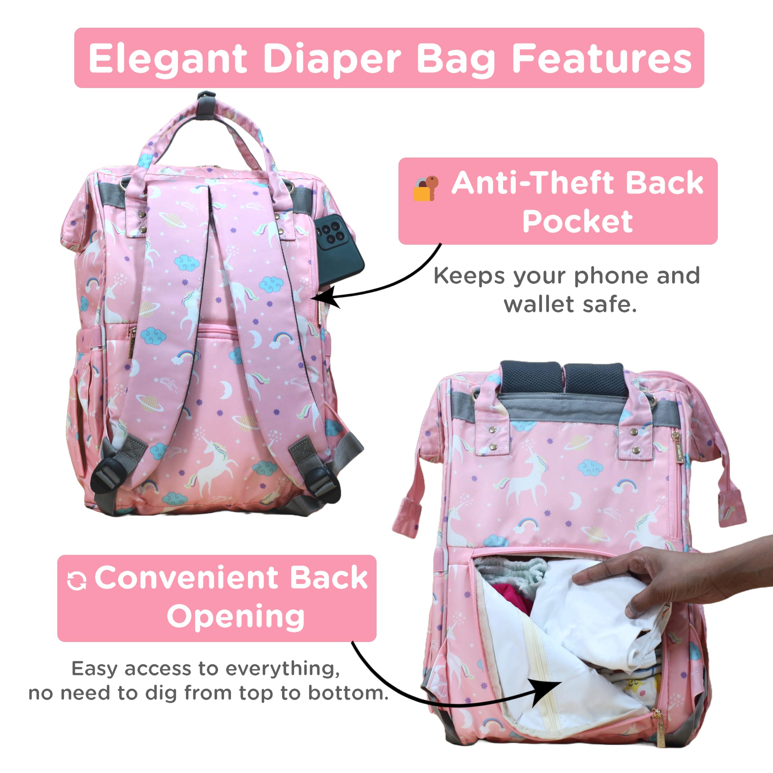 Motherly Patented Diaper Bag Backpack for Moms | Waterproof Baby Travel & Maternity Bag | Spacious Nappy Bag with Insulated Bottle Pockets & Warranty (Elegant Series, Unicorn Pink) 3