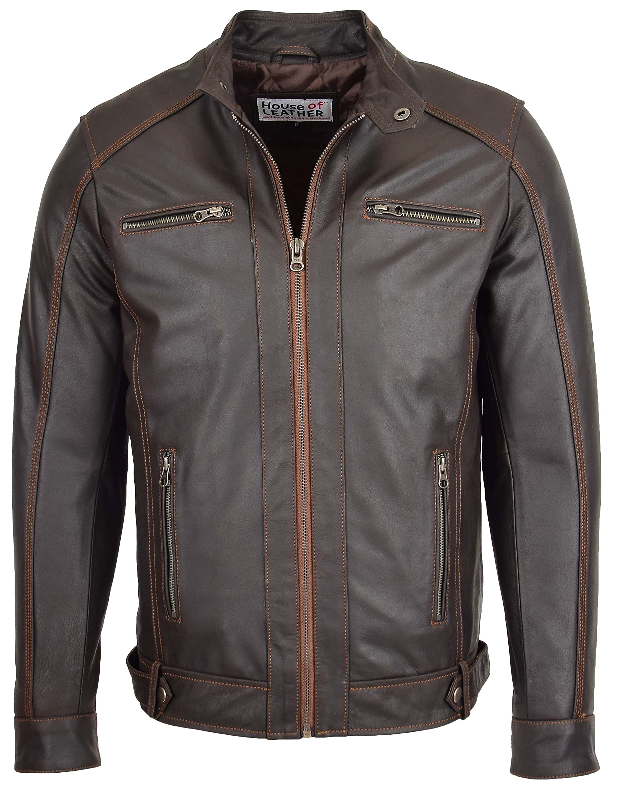 Mens Real Leather Biker Style Zip Jacket Classic Cafe Racer Ethan Brown (3XL)
