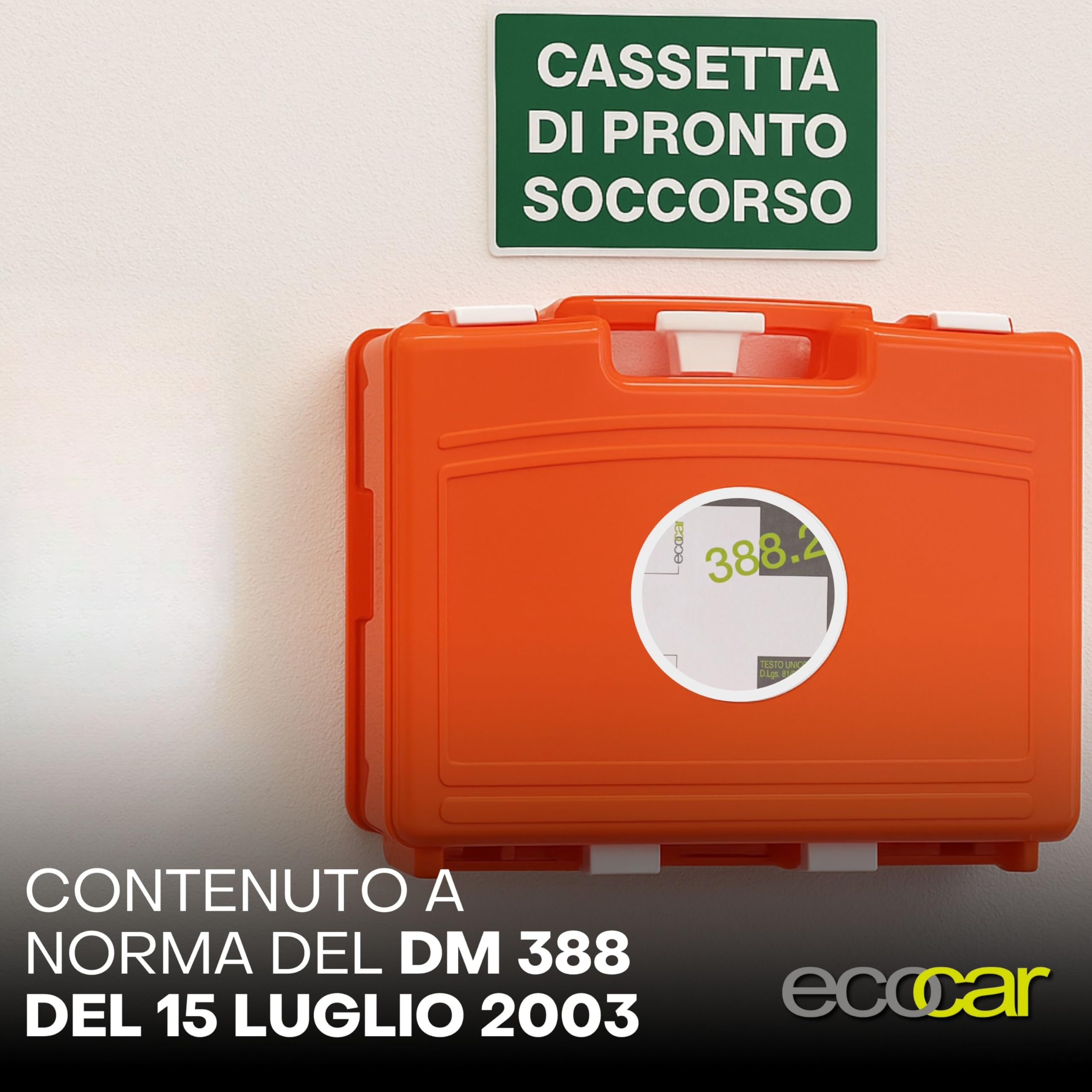 ecocar - Valigetta Pronto Soccorso – FIRST AID KIT 18 pezzi (Allegato 2) - per B&B, Veicoli, Commerciali e Industriali, Azienda - a Norma DM388 15 luglio 2003 - con Supporto Incluso - Made in Italy