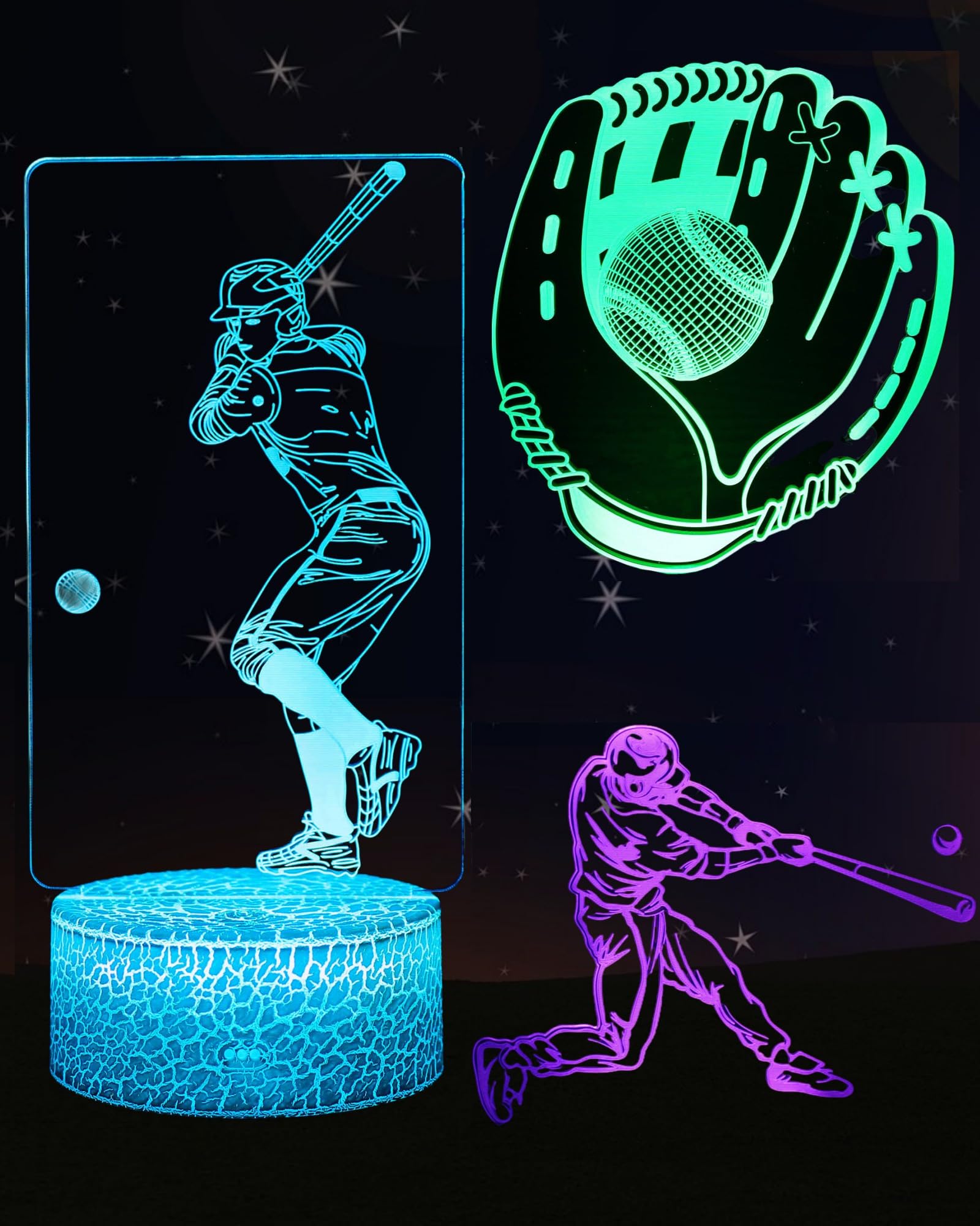 Kenmaca Baseball Player Night Light for Boy Kid Gift, 3D Illusion Lamp, 3 Patterns 16 Colors Changing Dimmable Room Bedroom Decor, Touch & Remote Control, Birthday Christmas Toy Teen Girl Sports Fan — image 1