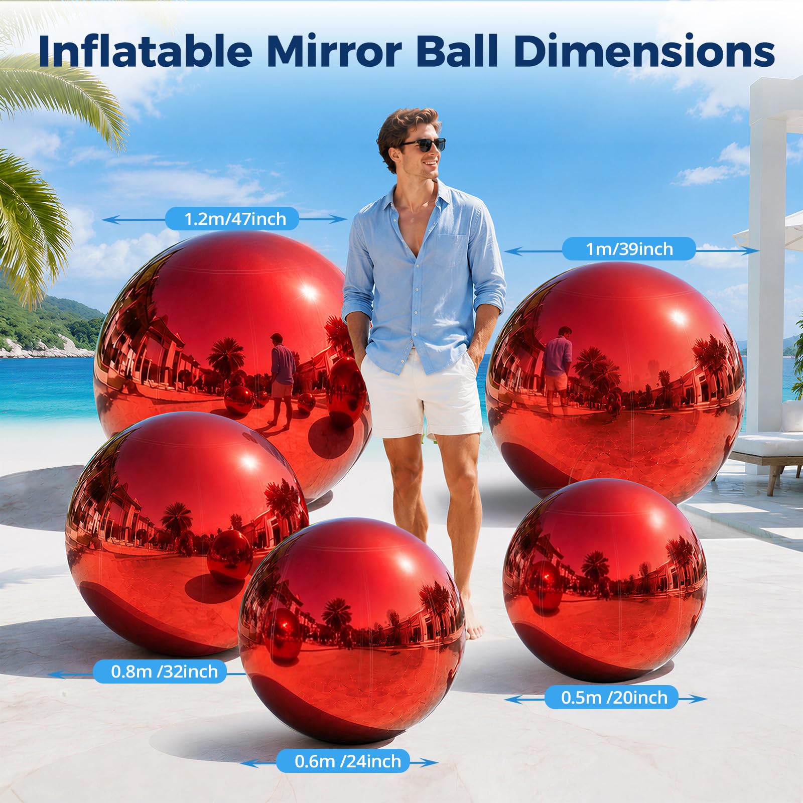 Rouge Boule Miroir Gonflable 50 CM avec Pompe Gonflable Grandes boules brillantes Décorations de Noël