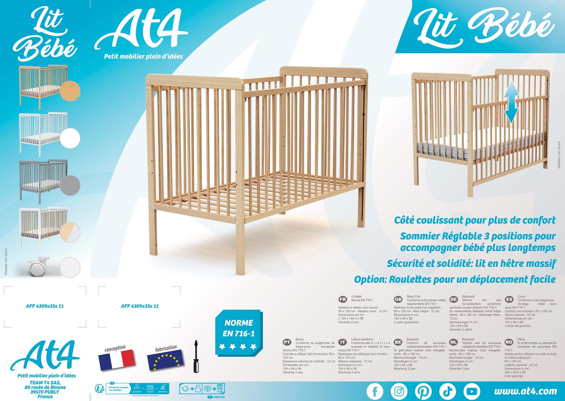 AT4 - Babybett Holz mit Matratze 60x120 ESSENTIEL Weiß | Kinderbett | Mit 4 rollen | Mit Verstellbarer Lattenrost 3 stufen