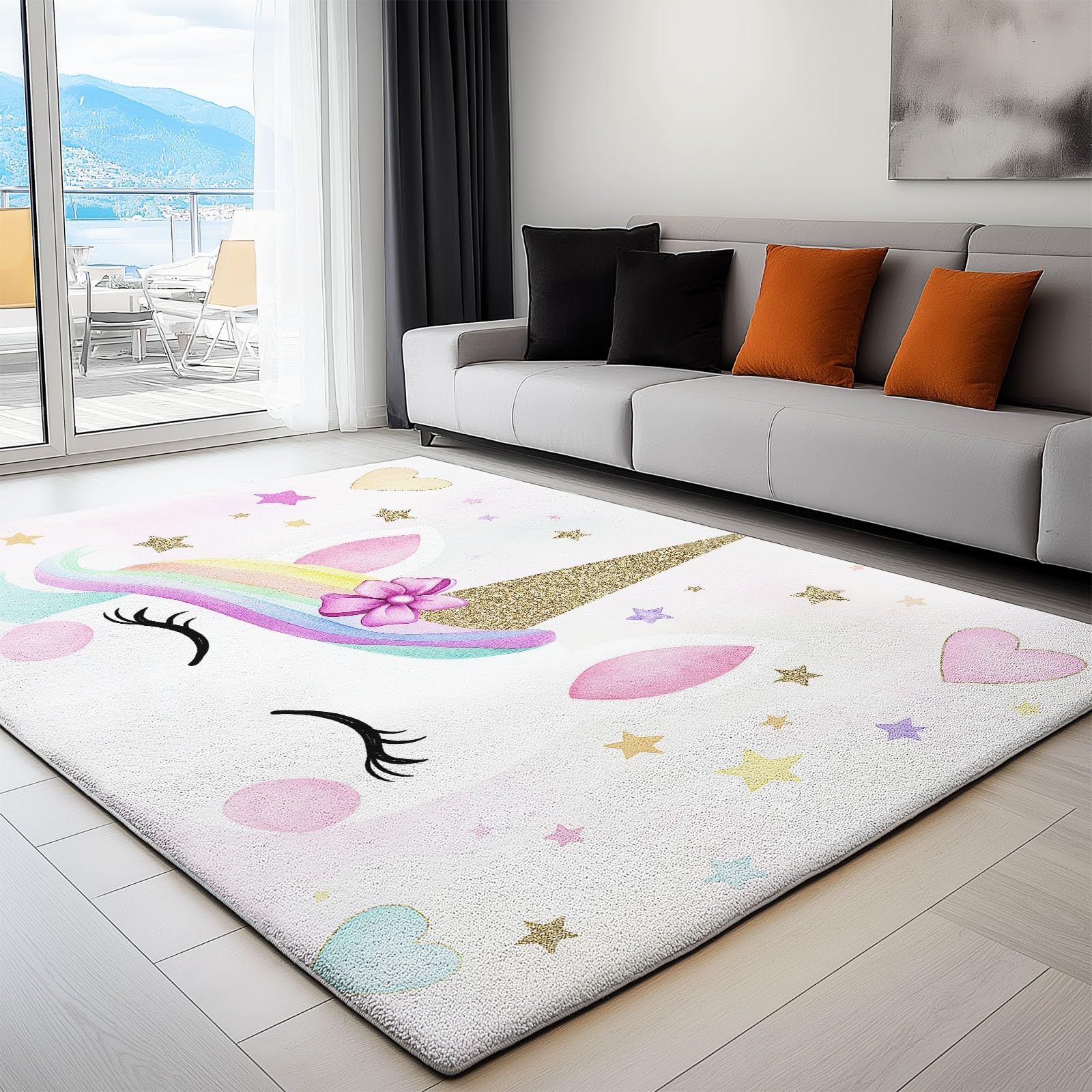 Stile Cartone Animato Tappeto Camera Da Letto 140 x 200 cm Unicorno Tappeto Salotto Antiscivolo Per Soggiorno Camera Da Letto Cameretta, Moderno Tappeto Lavabile In Lavatrice