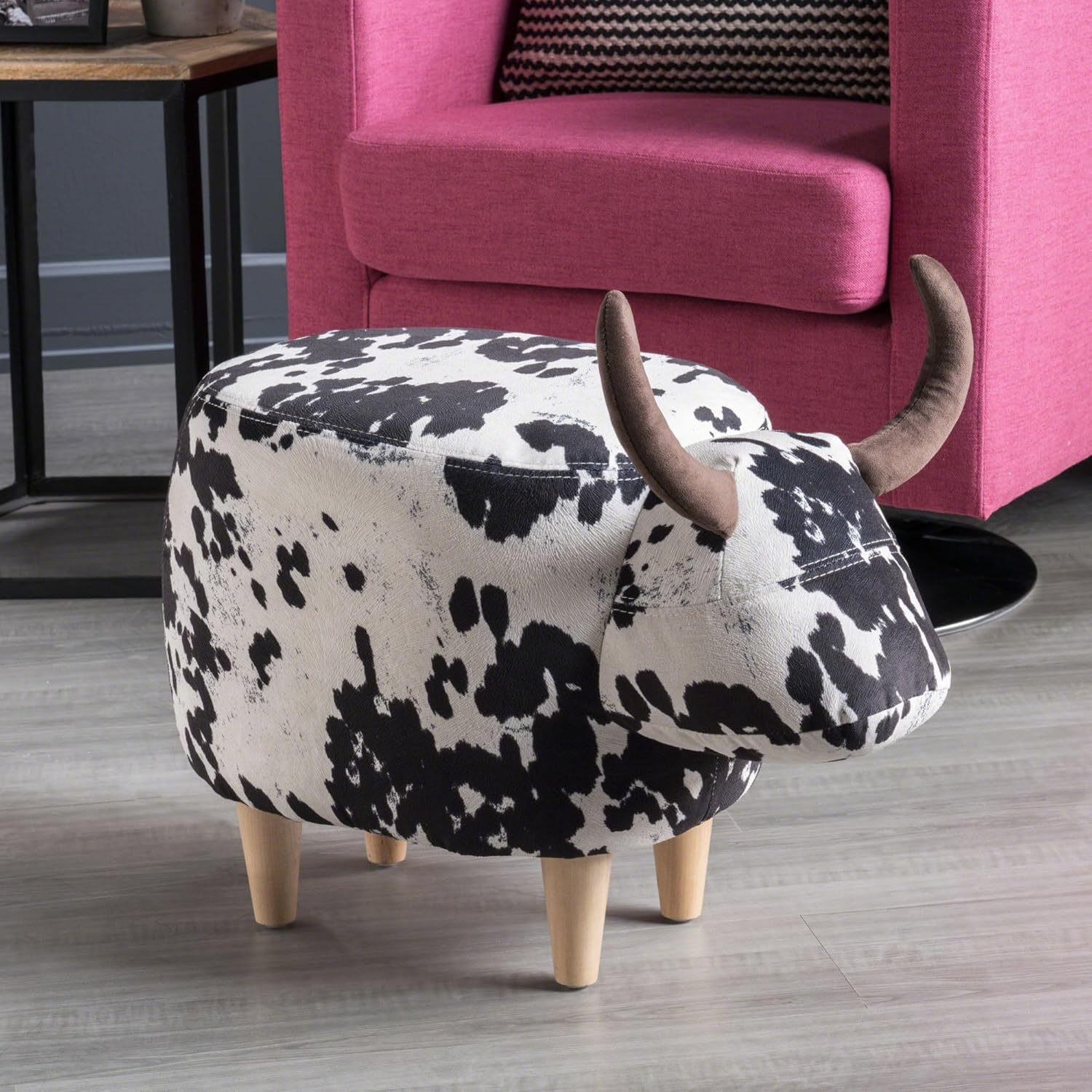 extrasleep Cow Ottoman & Animal Footstool, Modern Cow-Shaped Ottoman Stool with 4 Wooden Legs and 2 Horns, Velvet Accent Chair for Living Room Bedroom Porch Garden Backyard, Home Decor, Black & White
