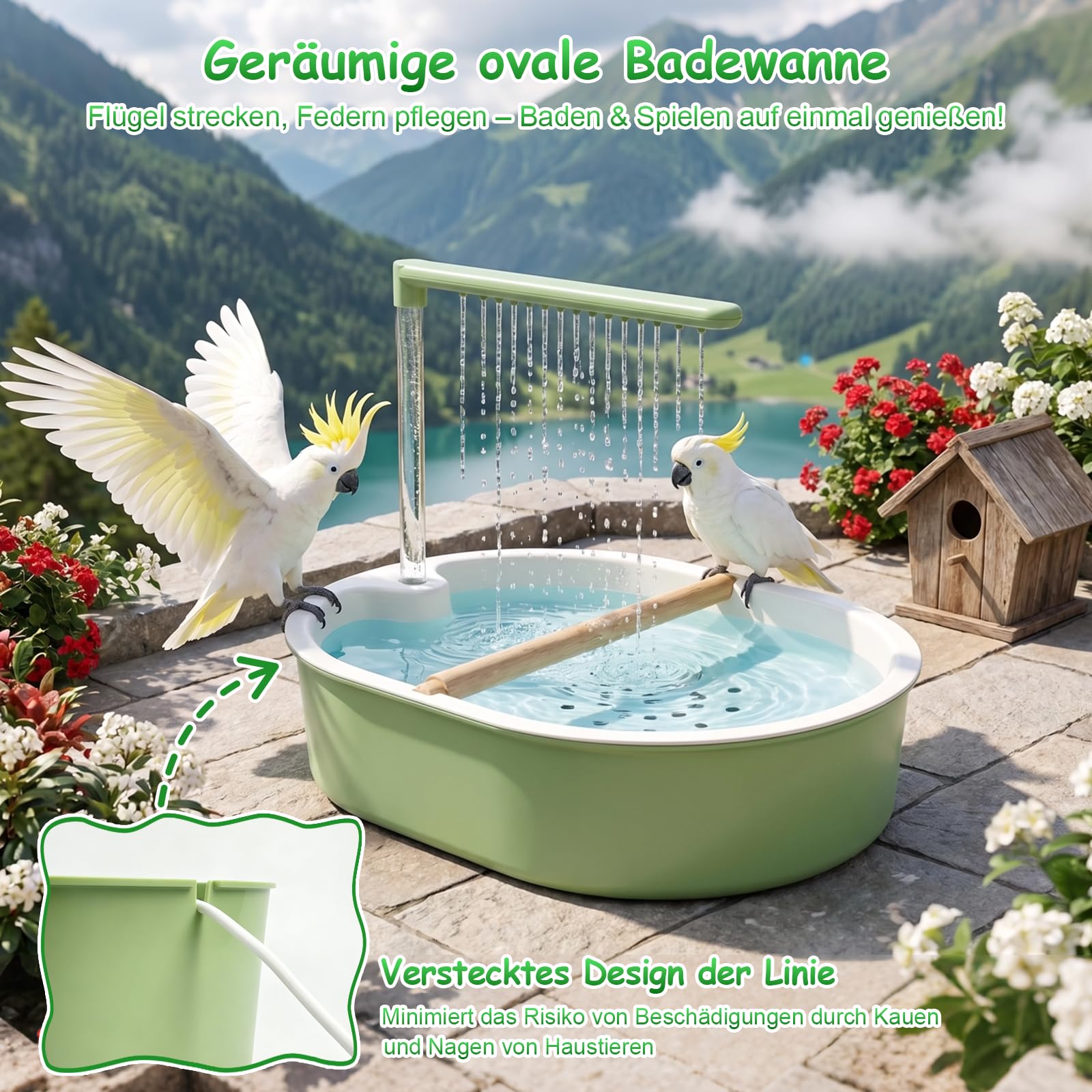 Ptasznic dla papużek falistych dla papużek nimfowych - Bird Shower Budgie automatyczna kąpiel dla ptaków, przyłącze zasilania USB, prysznic z wodospadem i obiegiem wody, do papużek falistych i nimf